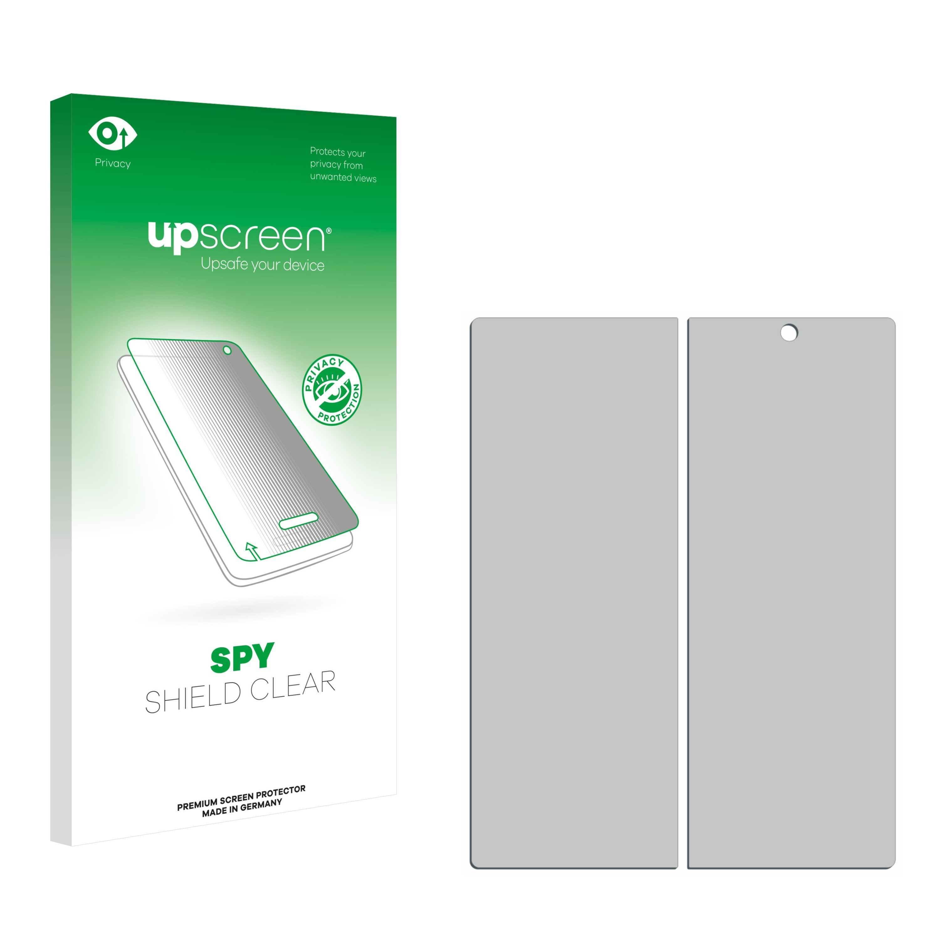 Displayschutzverpackung mit zwei grauen Displayschutzfolien. Die Verpackung zeigt ein Telefon.
