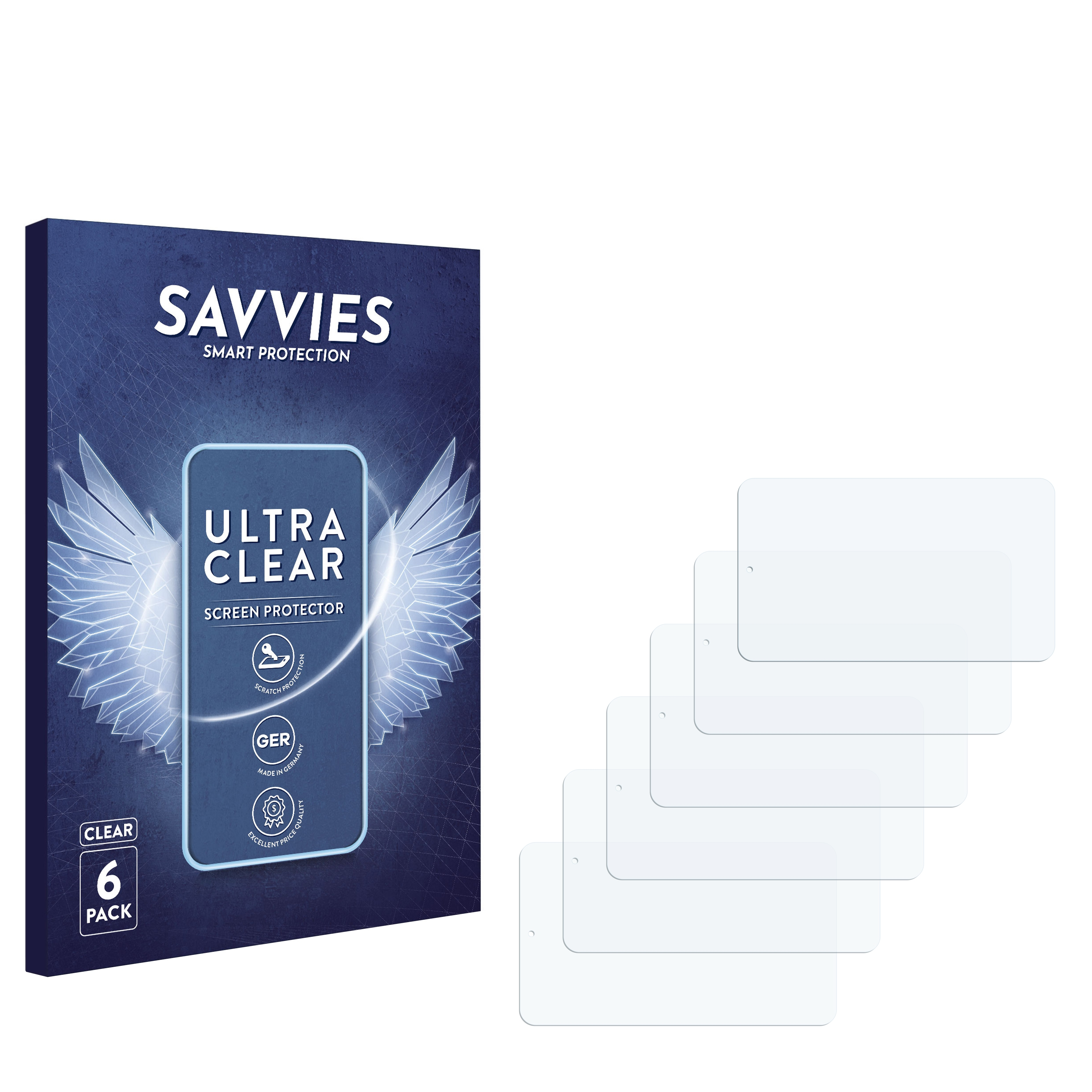 Eine Displayschutzfolienbox mit sechs klaren Displayschutzfolien daneben. Auf der Box steht 'SAVVIES'.