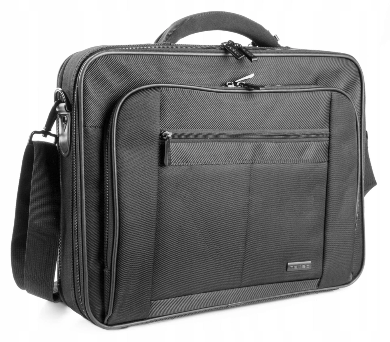 Borsa da lavoro nera con manico e tracolla. Sfondo bianco.