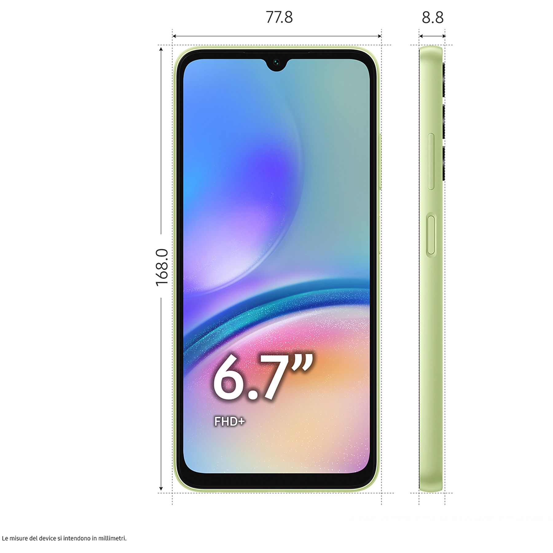 Zielony smartfon z wyświetlonymi wymiarami, ekranem 6,7" i widokiem z boku z pomiarami.