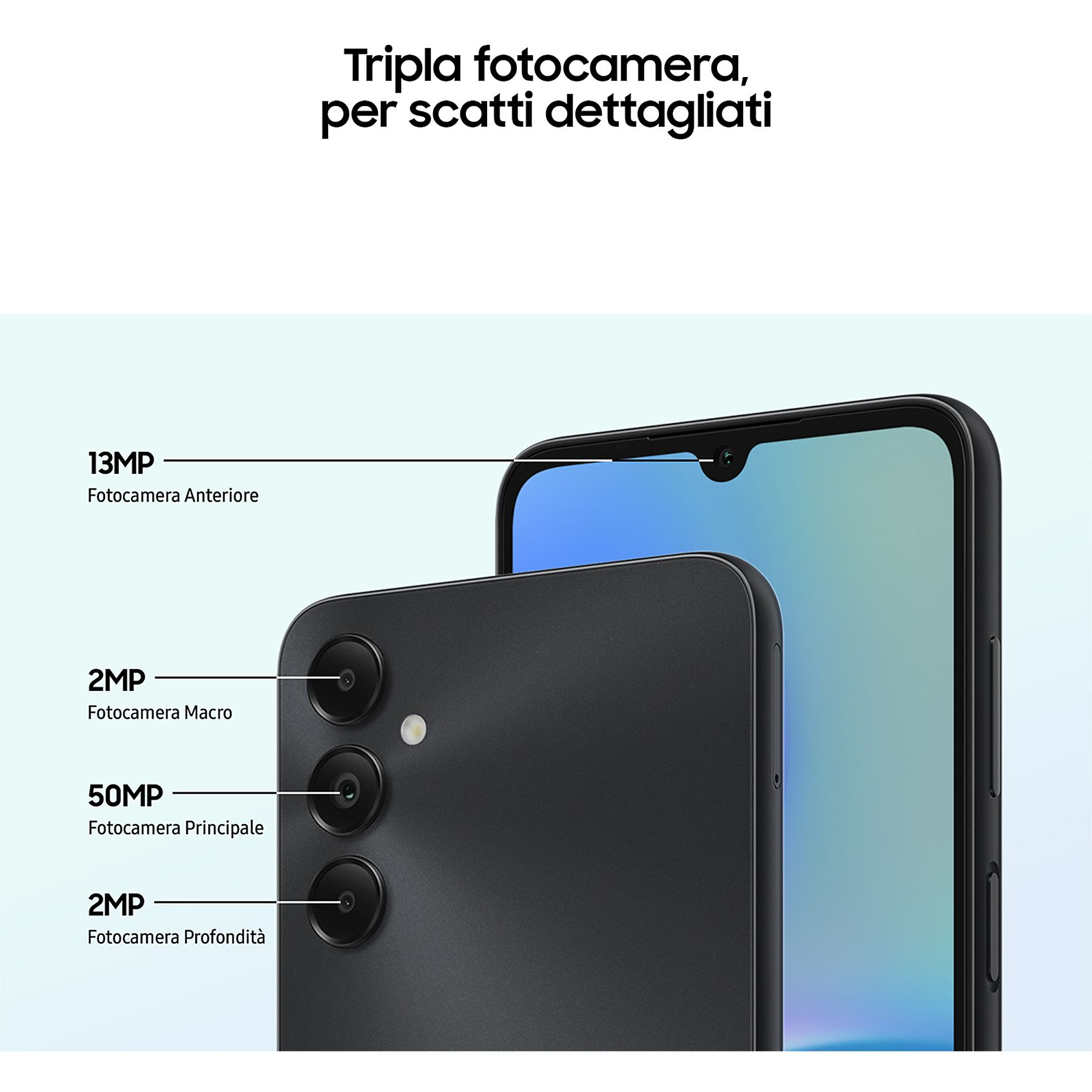 Zbliżenie czarnego telefonu z trzema tylnymi aparatami i ich specyfikacjami.