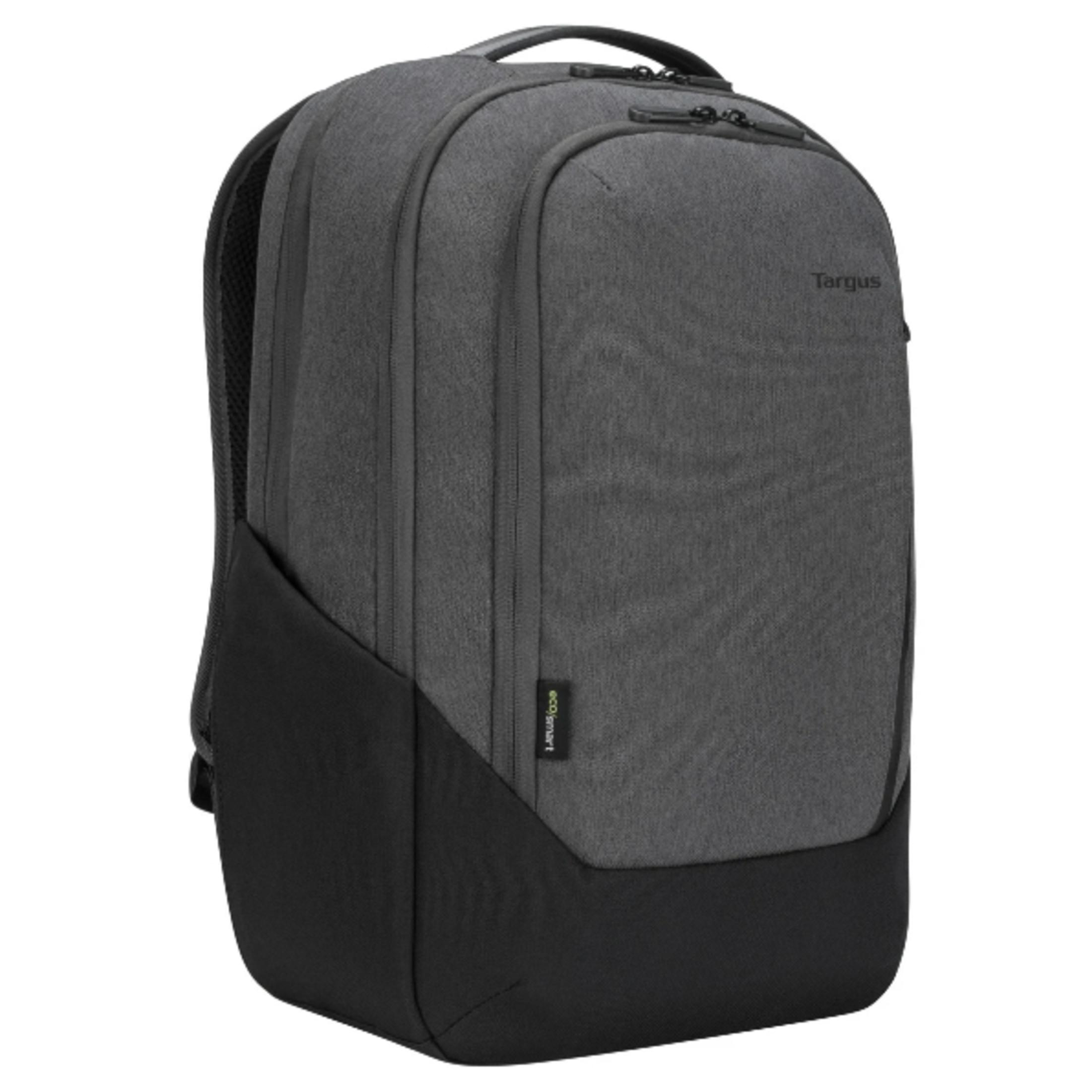 Mochila Targus gris y negra. Compartimento principal, bolsillo frontal y etiqueta EcoSmart visibles.