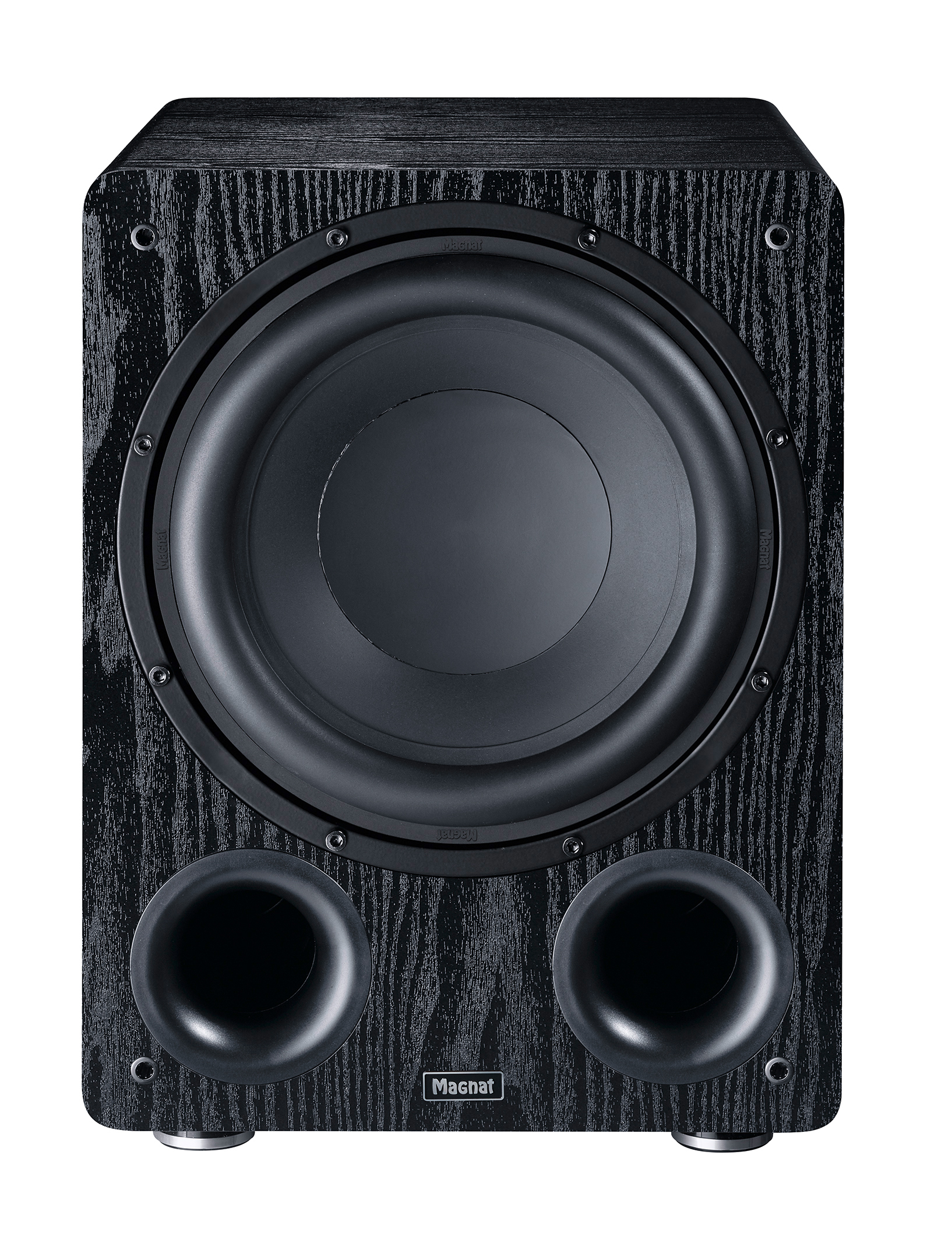 Schwarzer Subwoofer mit großem Lautsprecher und zwei kleineren Bassanschlüssen.