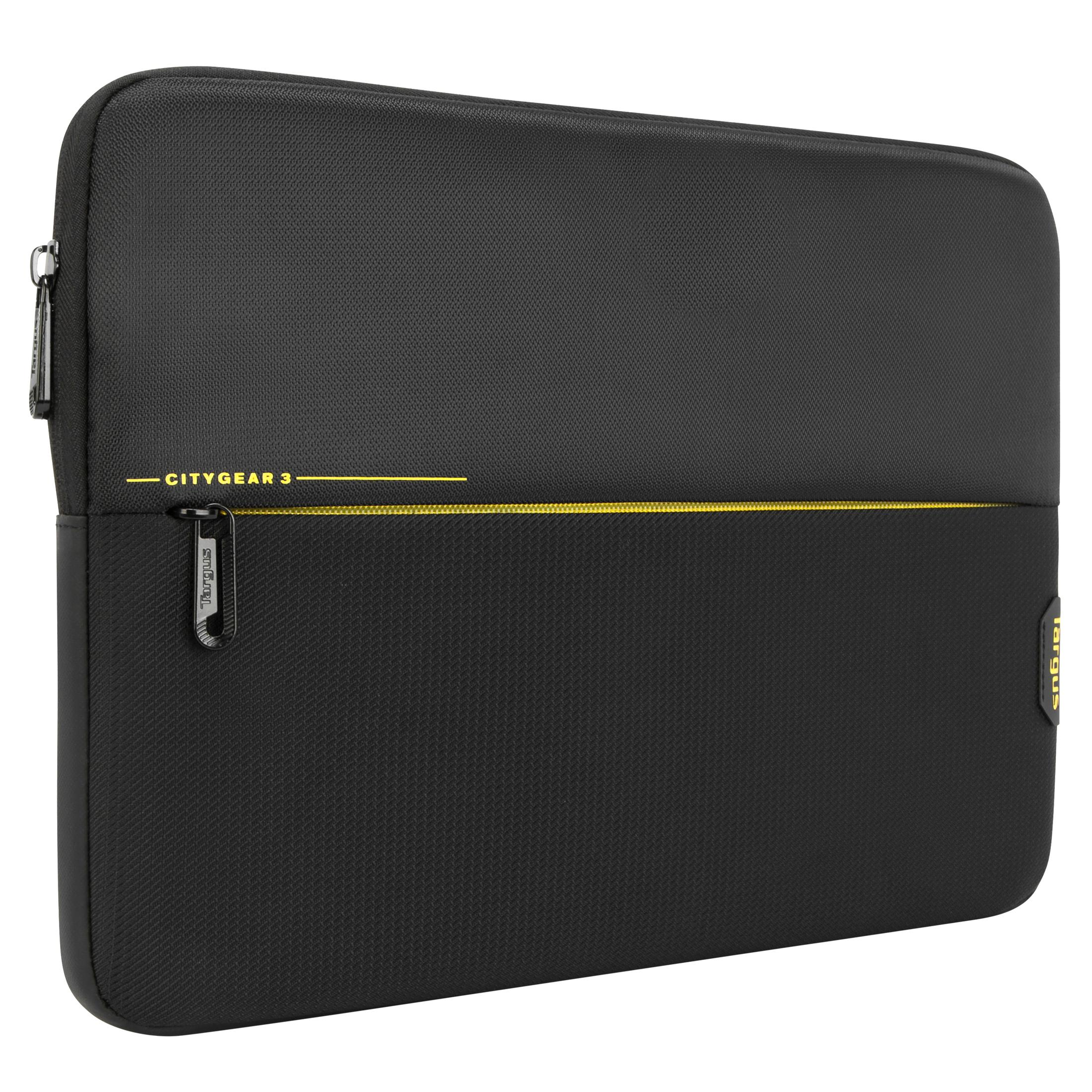 Funda negra para portátil con cremallera amarilla. 'Citygear 3' escrito. Fondo blanco.