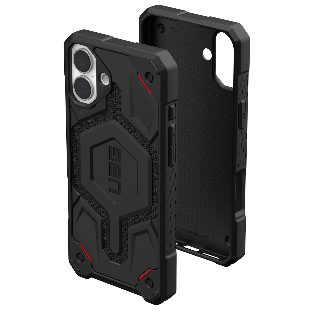 Eine schwarze Handyhülle mit robustem Design. Sie hat UAG-Branding und rote Akzente. Die Hülle ist rechts offen.