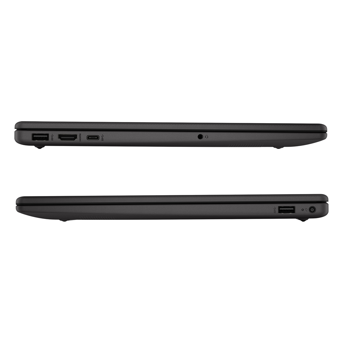Due viste di un laptop nero chiuso, profilo laterale su sfondo bianco.