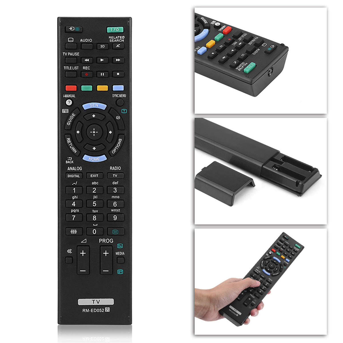 TV-Fernbedienung mit Tasten und Batteriefachdetails. Mehrere Ansichten dargestellt.