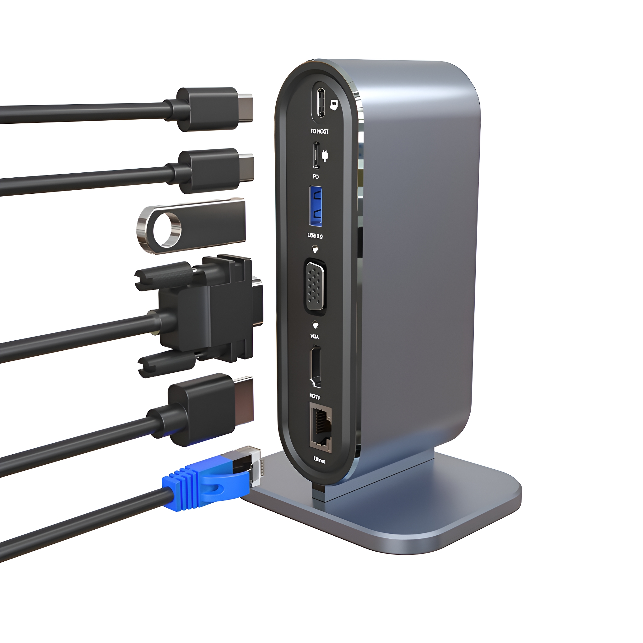 Eine silberne Dockingstation mit verschiedenen angeschlossenen Kabeln, darunter USB, HDMI und Ethernet.