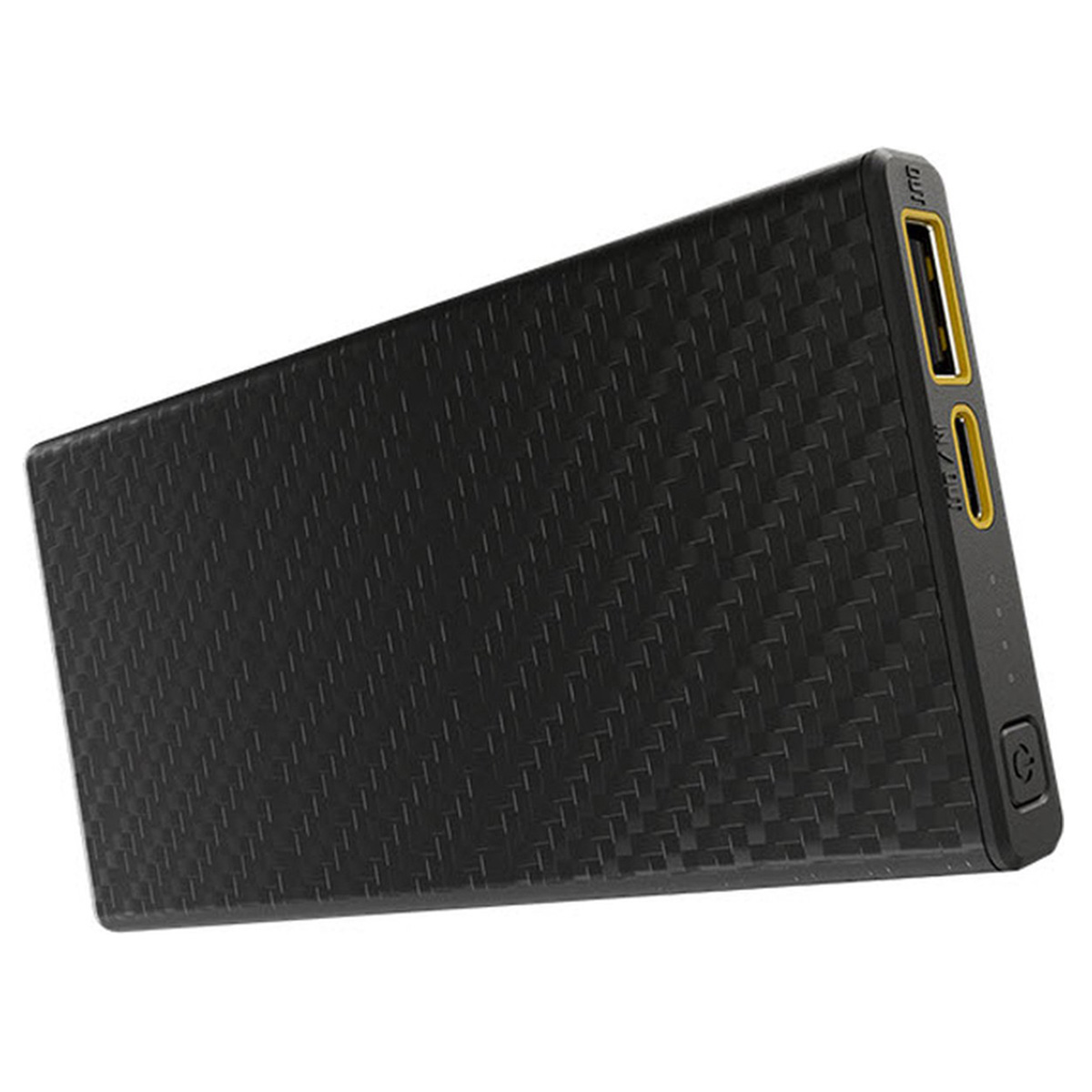Schwarze Powerbank mit strukturierter Oberfläche und goldfarbenen Anschlüssen.