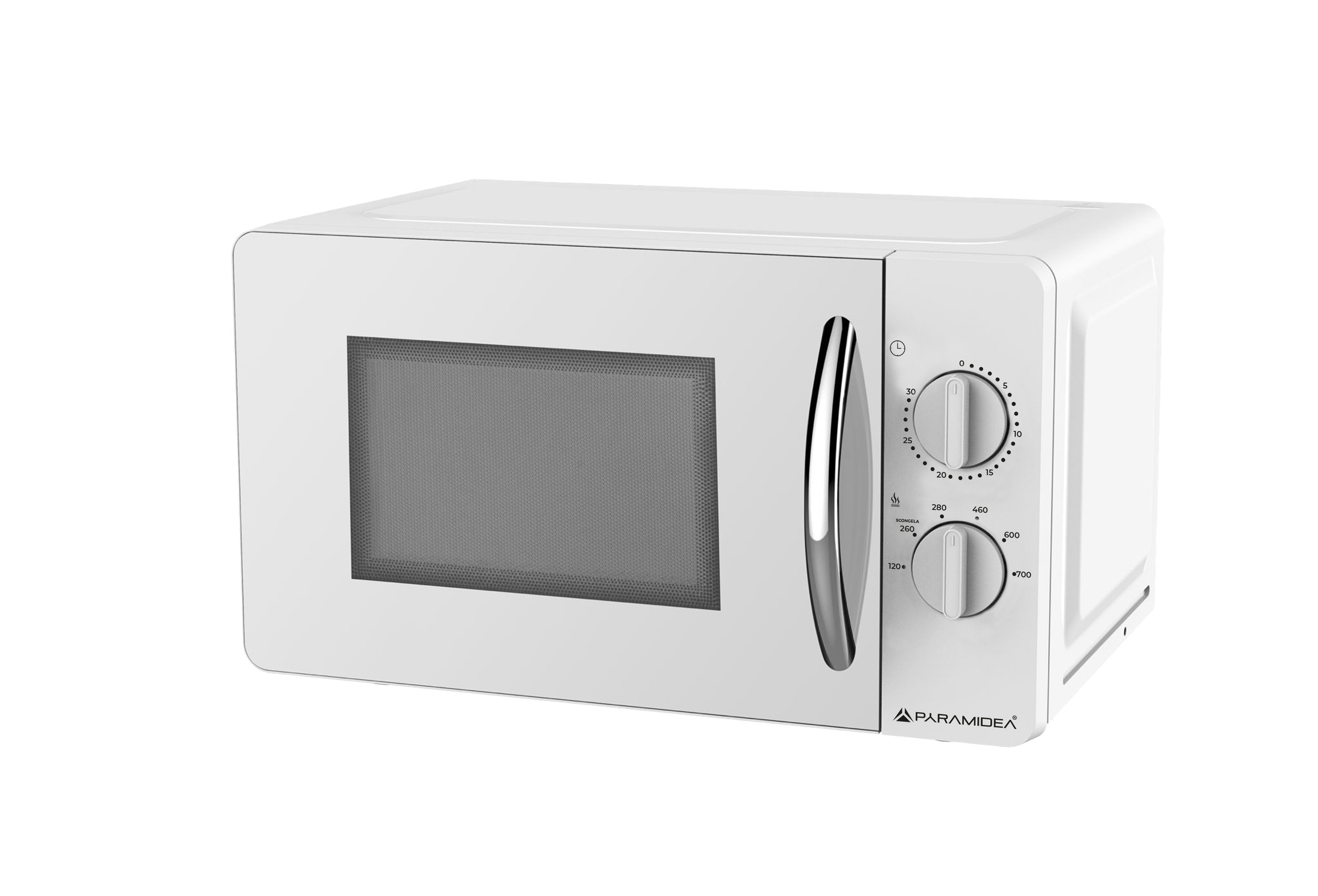 Forno a microonde bianco su sfondo bianco, con manopole di controllo e maniglia.