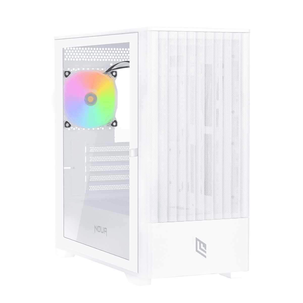 Case per computer bianco con pannello laterale trasparente, che mostra una ventola colorata.