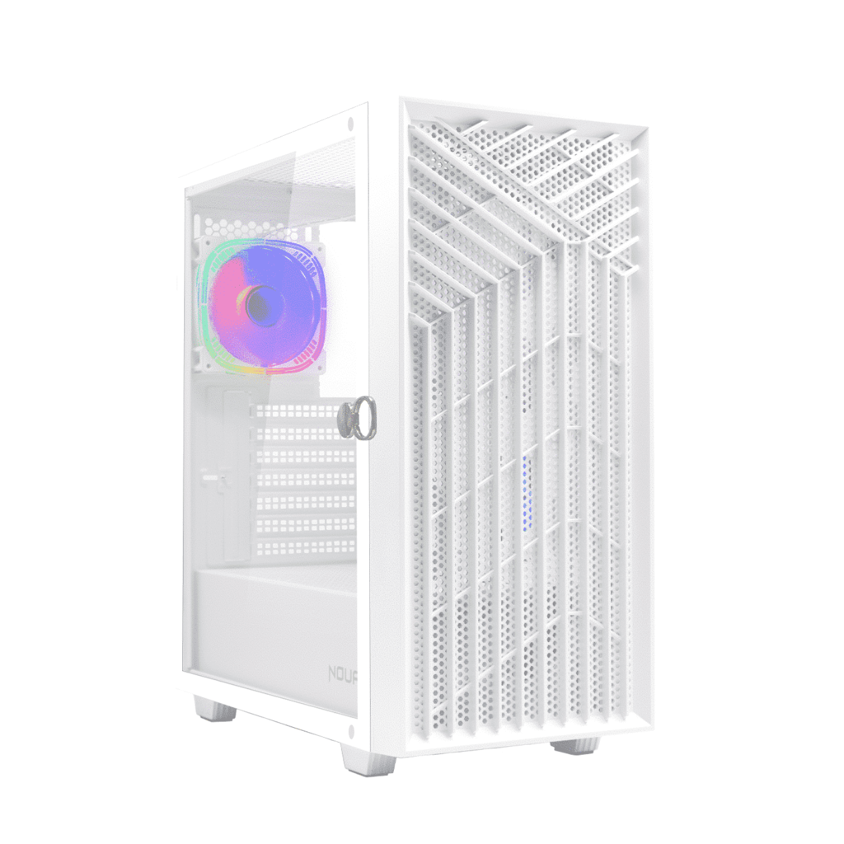 Case per computer bianco con pannello laterale in vetro e ventola colorata, isolato su bianco.