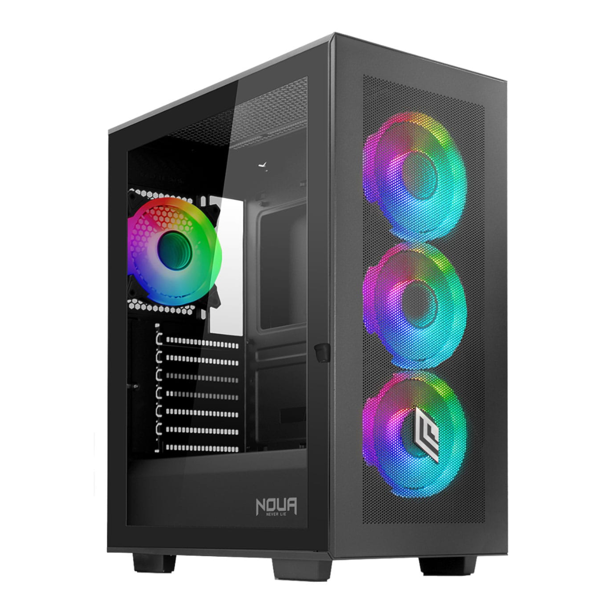 Case per computer nero con pannello in vetro, tre ventole RGB e logo Noua.