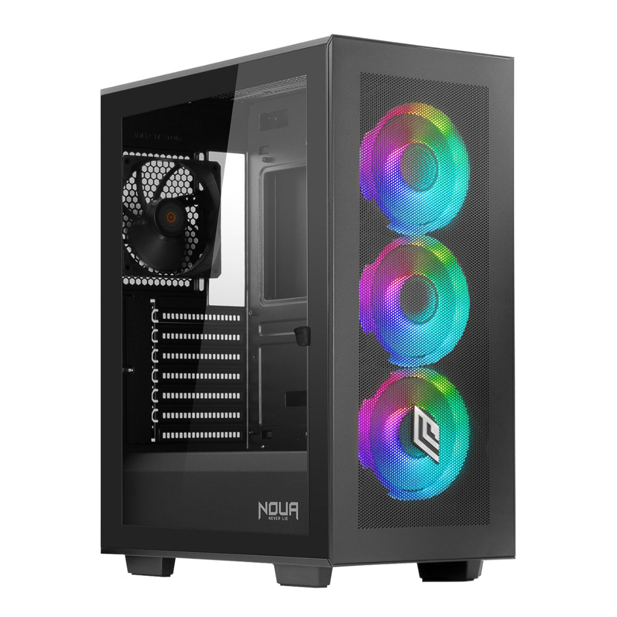 Case per computer nero con pannello laterale trasparente, che mostra ventole colorate.