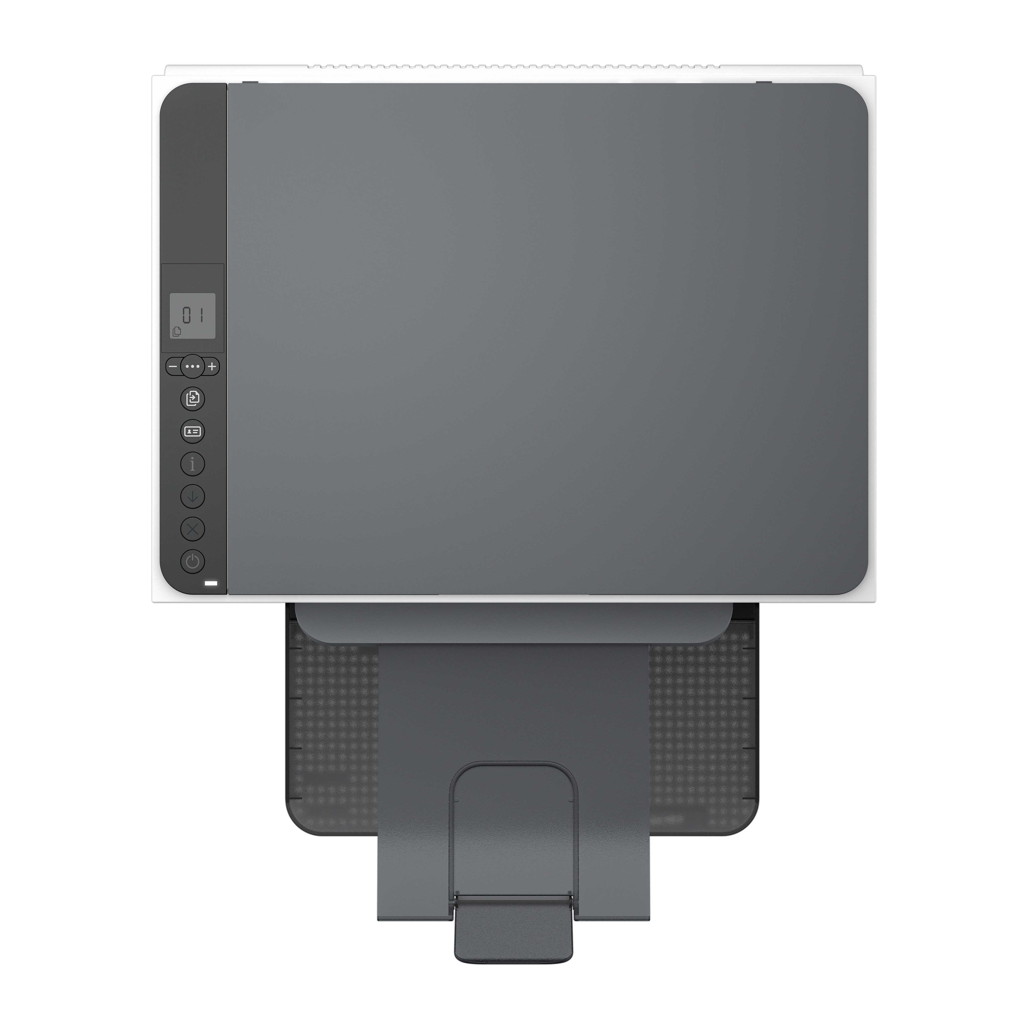 Widok z góry na biało-szarą drukarkę z wysuniętą tacą na papier.