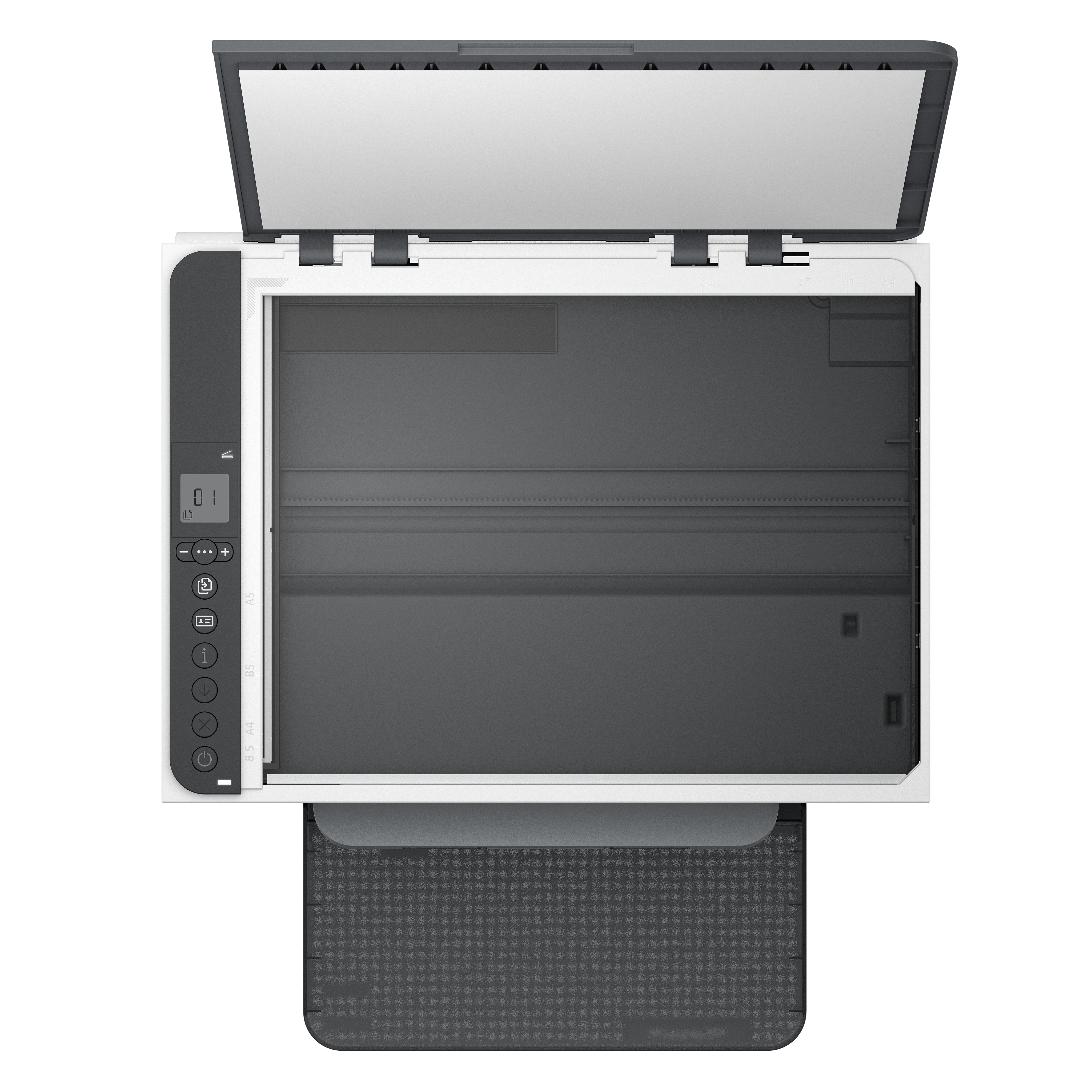 Skaner z otwartą pokrywą, pokazujący jego wewnętrzne elementy.