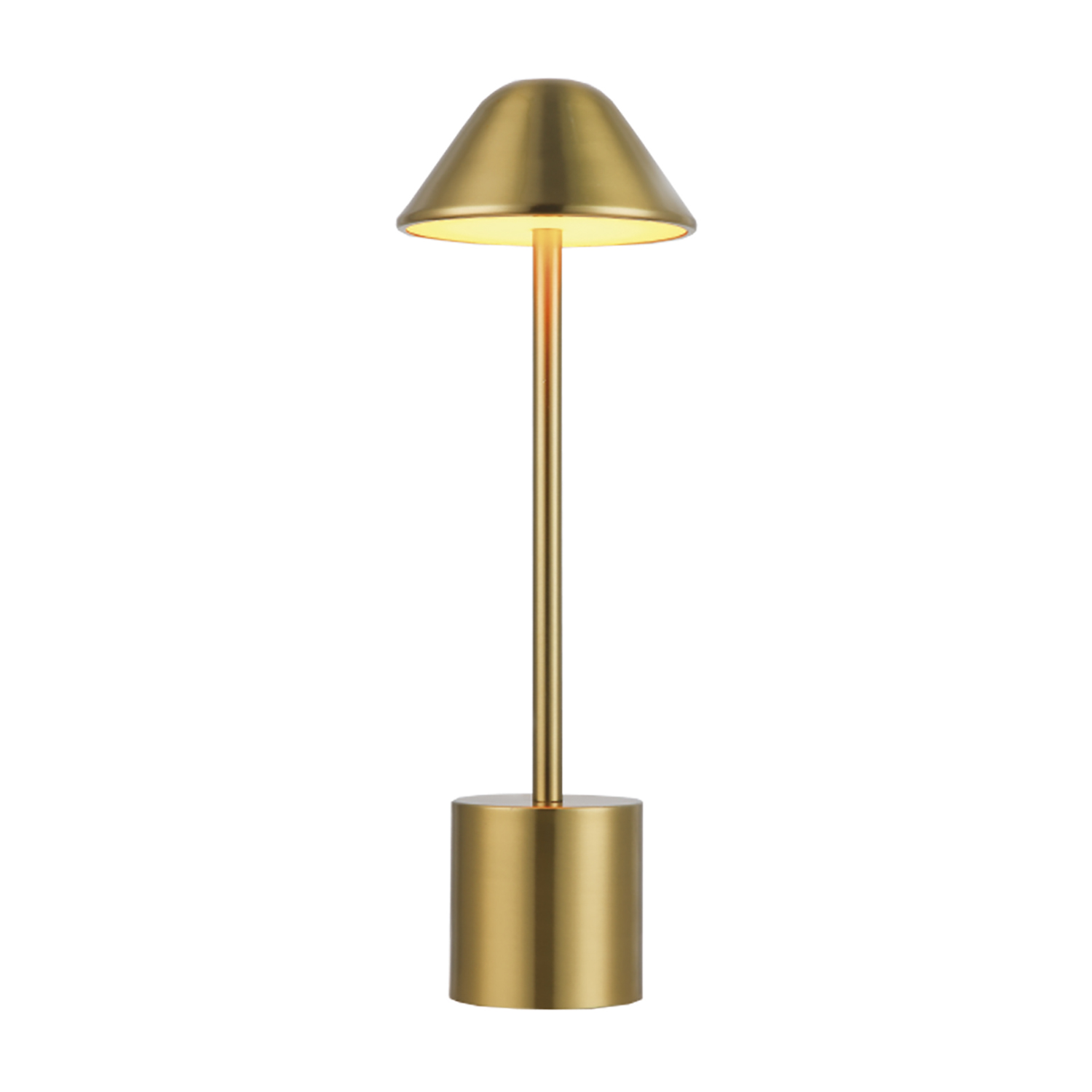 Lampada da scrivania dorata con paralume conico.
