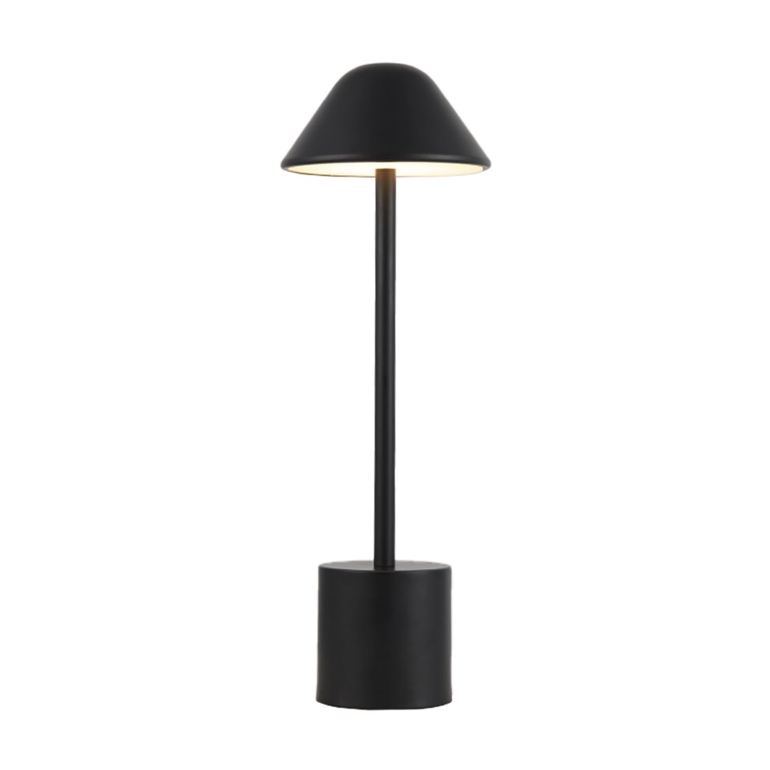 Lampada nera con paralume conico su sfondo bianco.