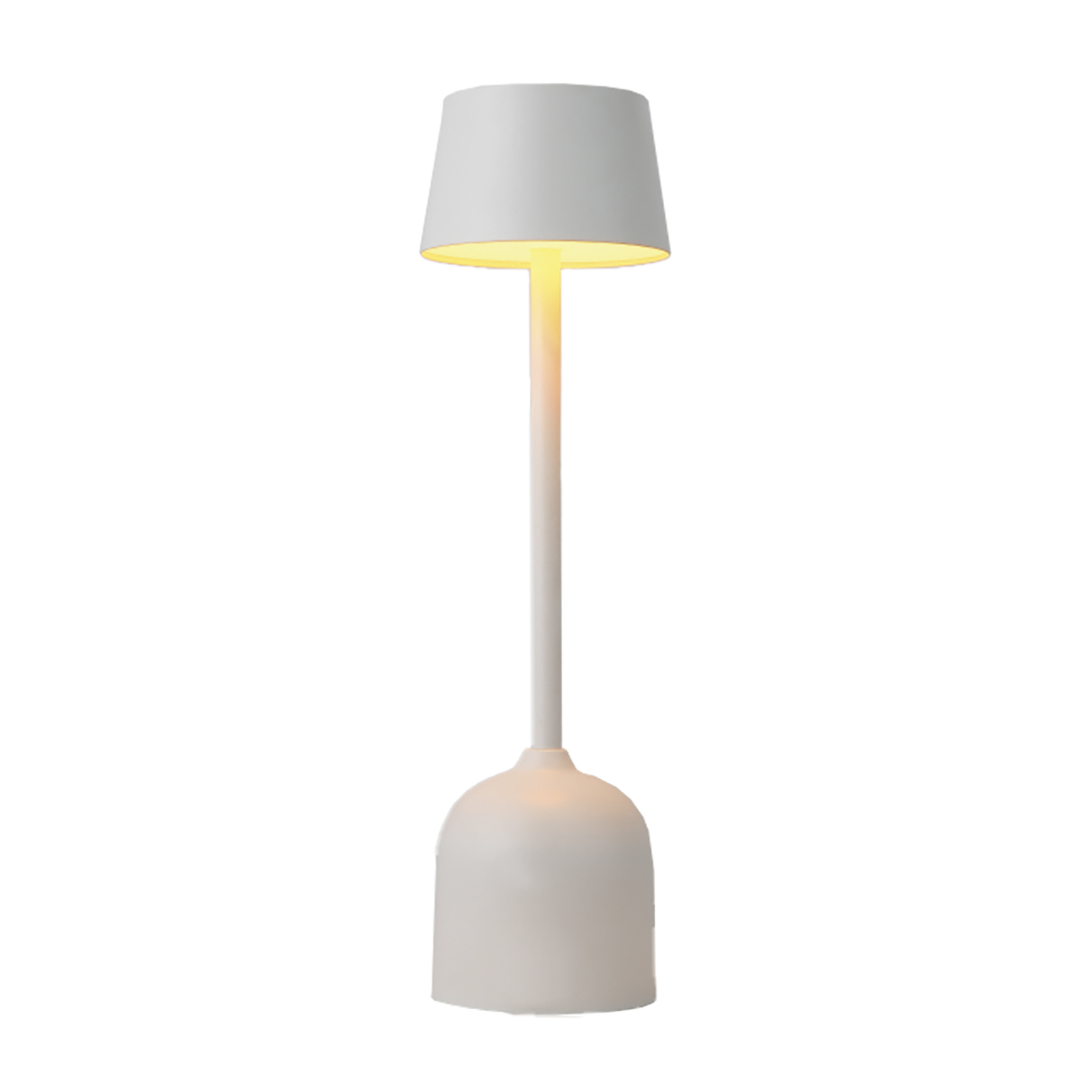 Lampada bianca con base e paralume arrotondati su sfondo bianco.