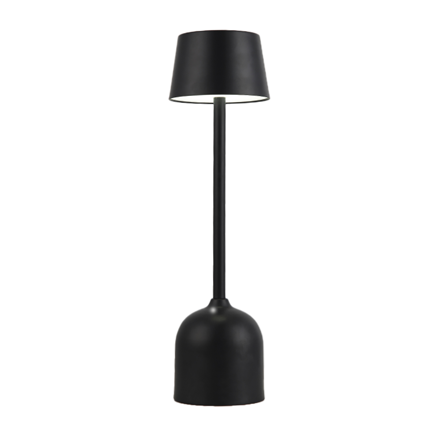Lampada da terra nera con paralume. La base è rotonda. Sfondo bianco.