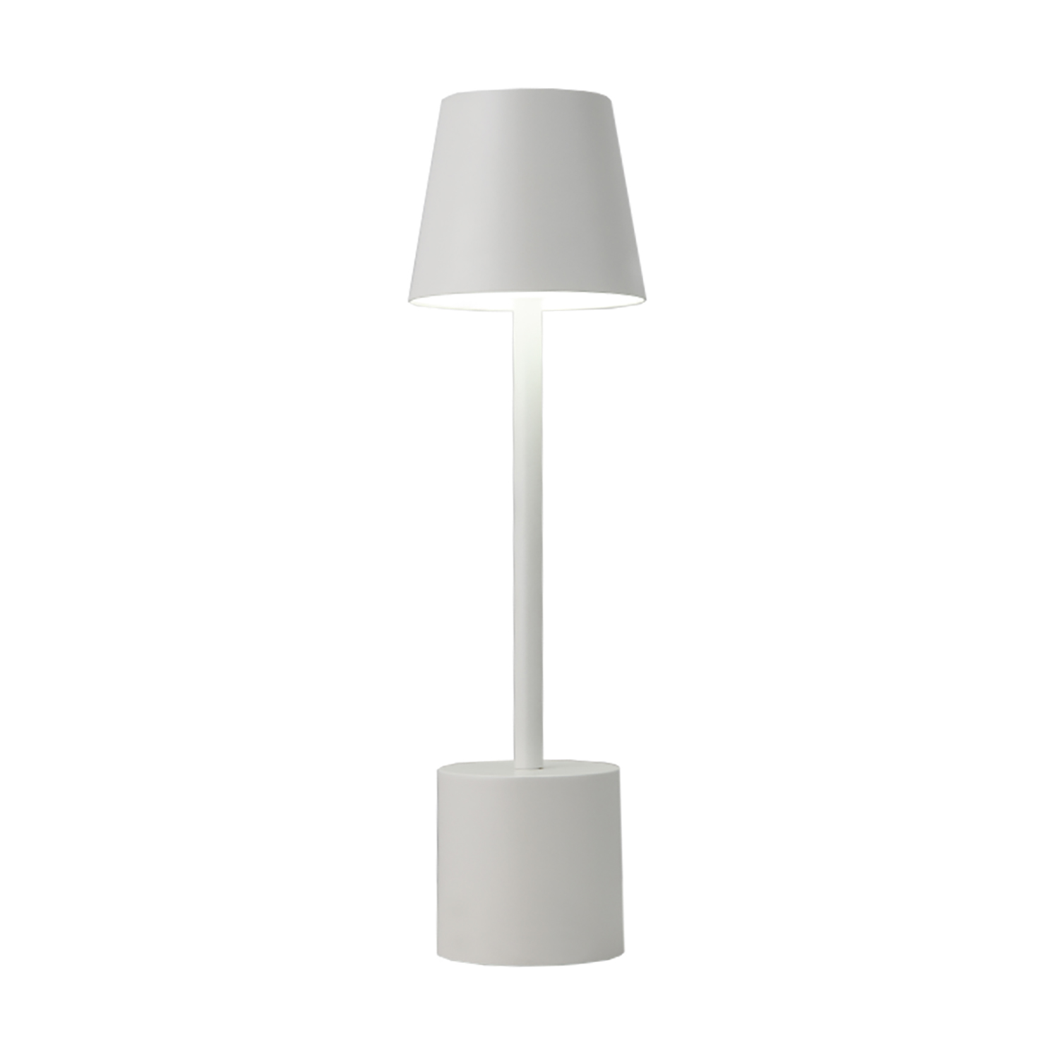 Lampada da scrivania bianca con paralume conico.