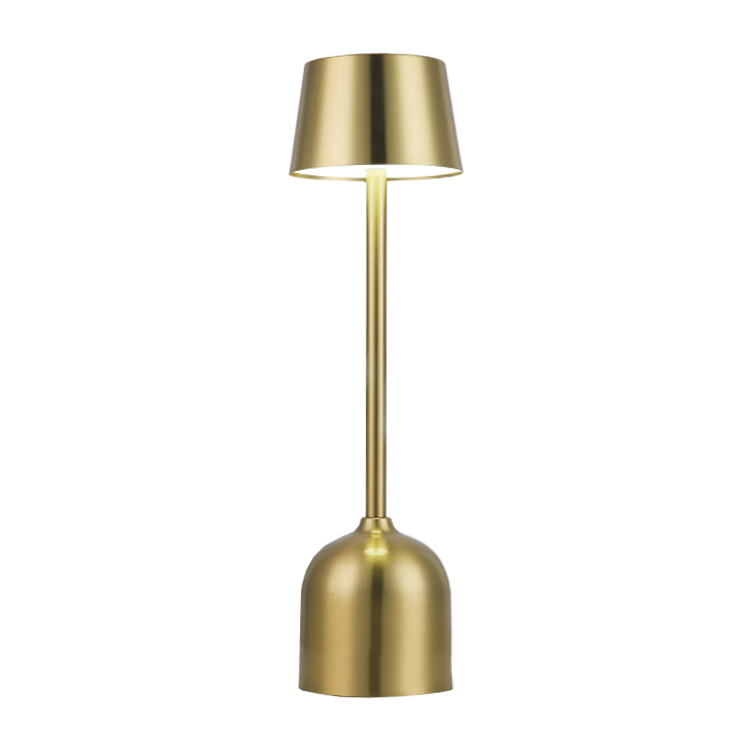 Lampada dorata con paralume su sfondo bianco.