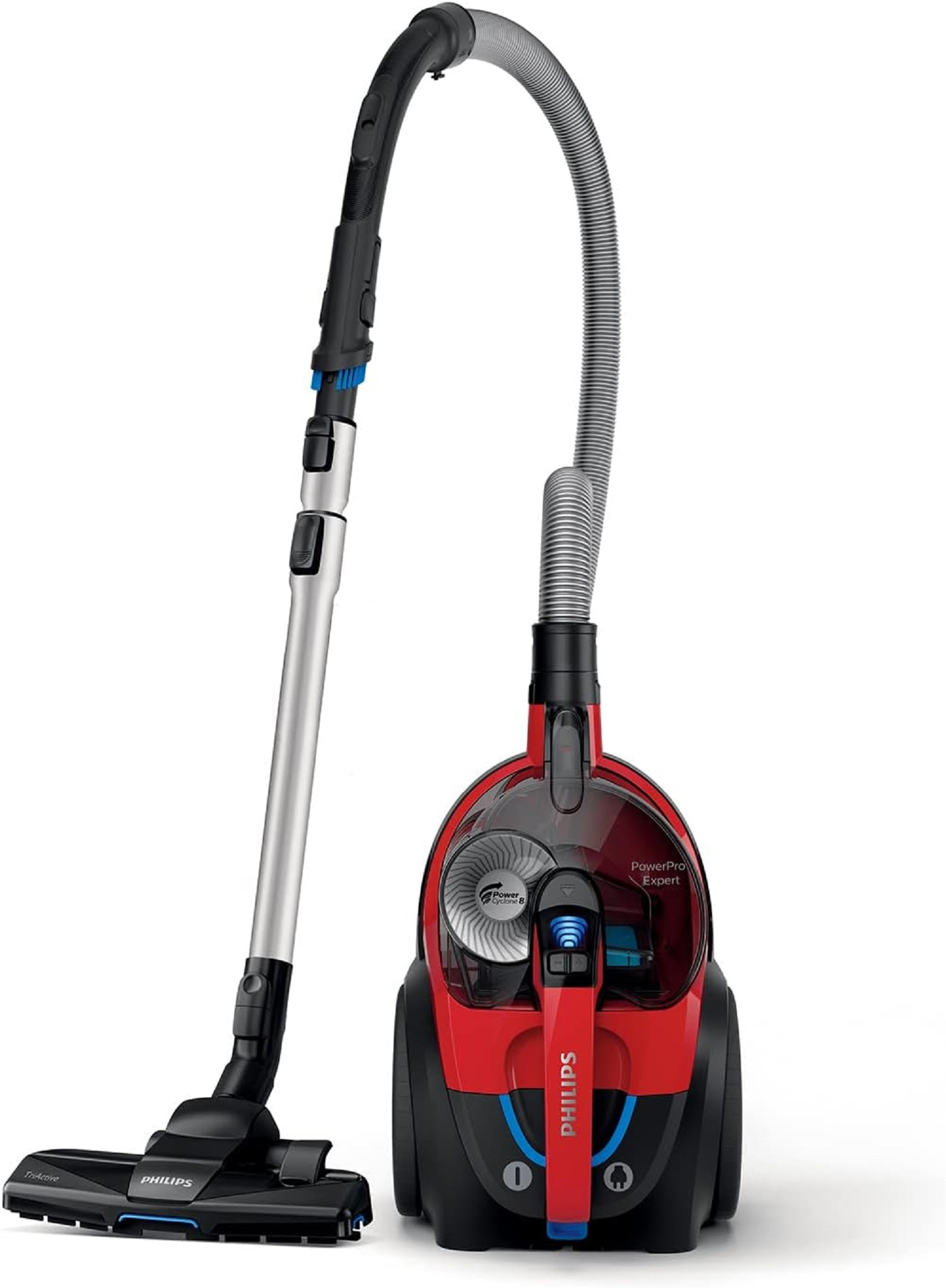 Czerwony i czarny odkurzacz z długim wężem i różnymi nasadkami.