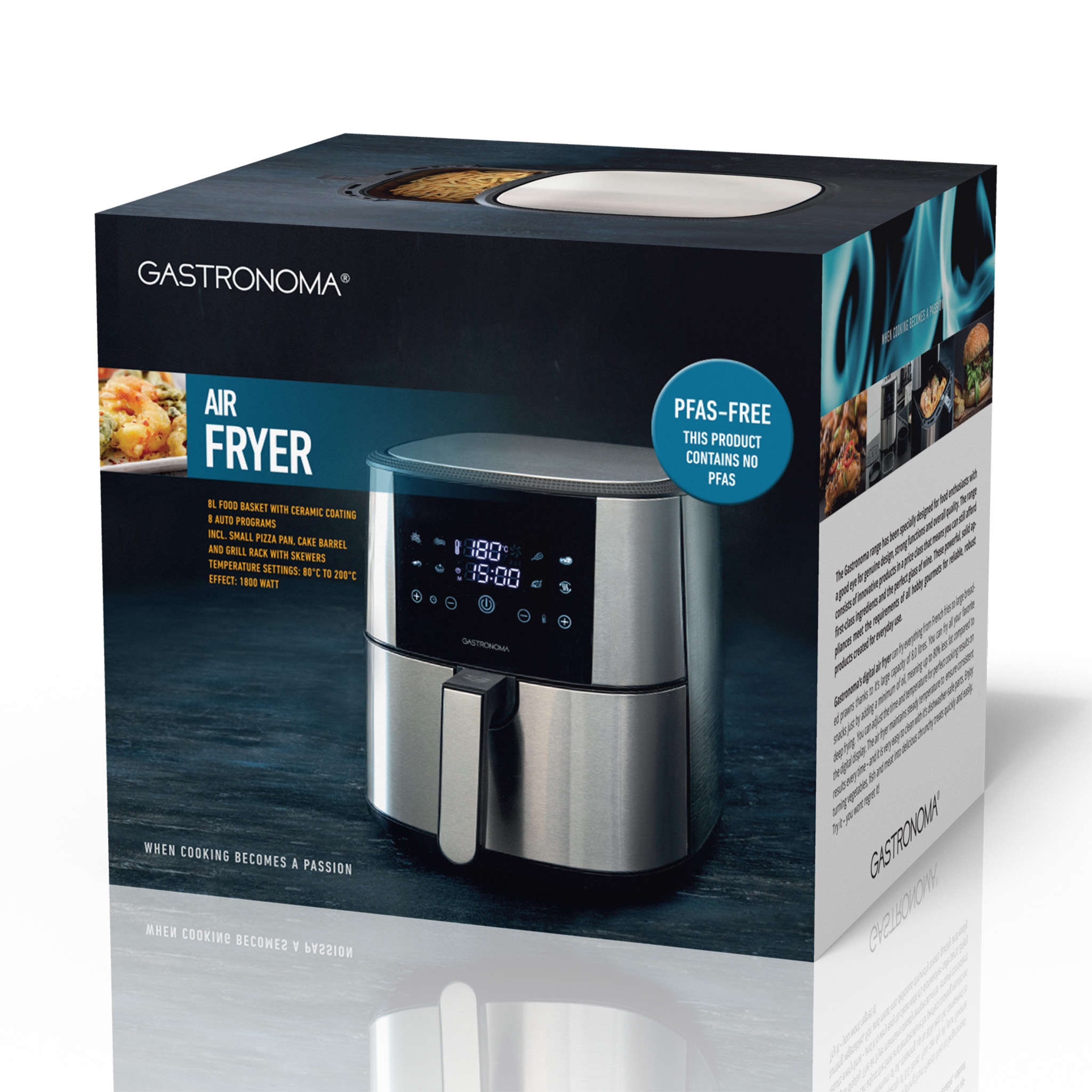 An air fryer box. It shows the air fryer and text about the product and its features.