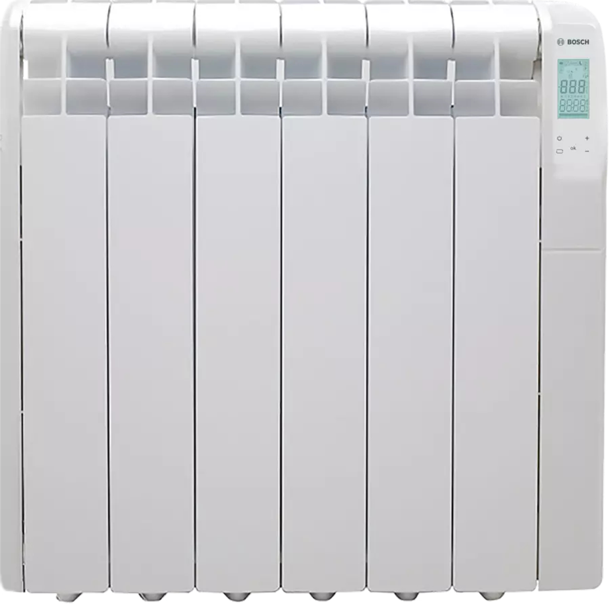 Radiatore bianco con display digitale. Il display mostra numeri. Logo Bosch in alto a destra.