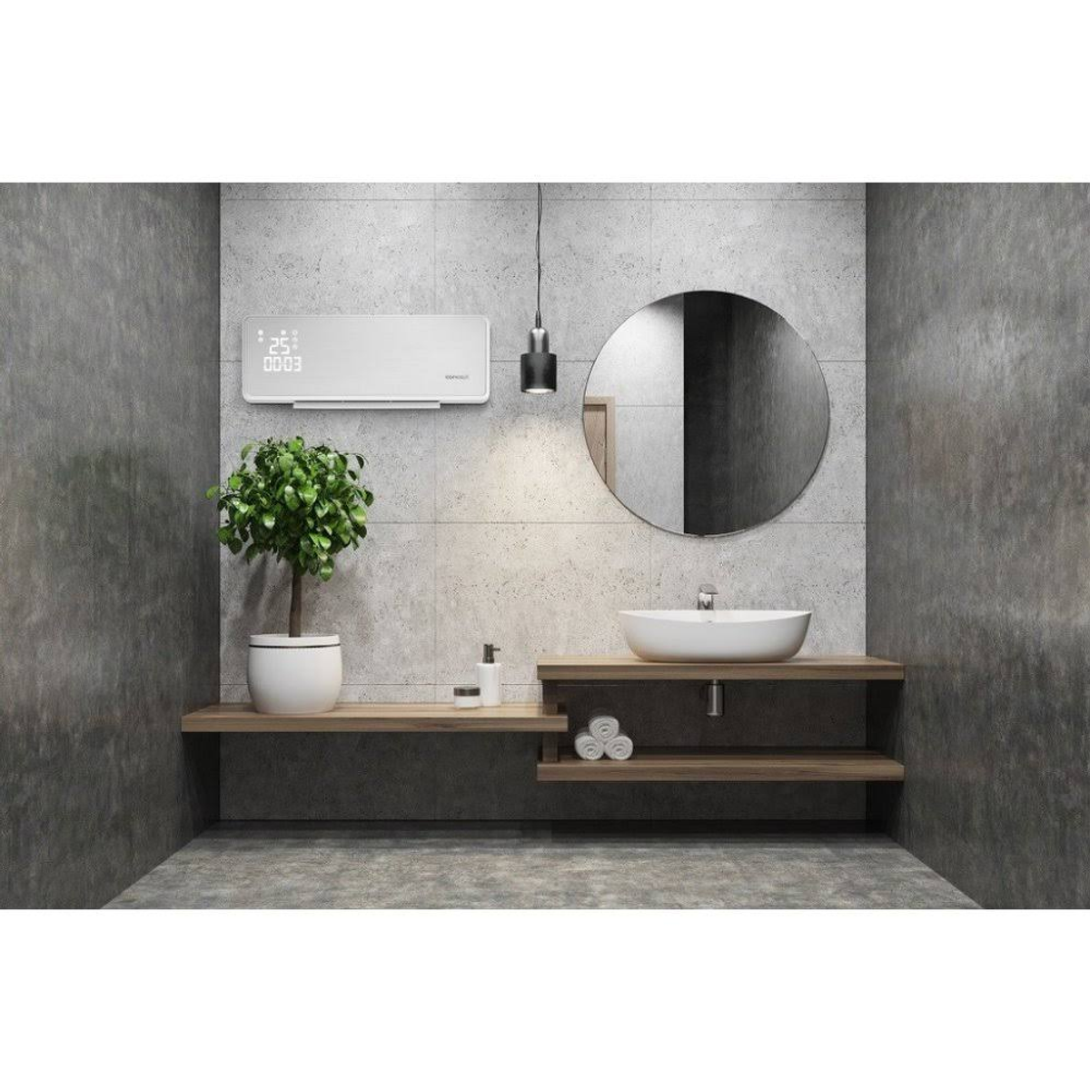 Baño con calentador de pared blanco, espejo, lavabo y planta en estante.