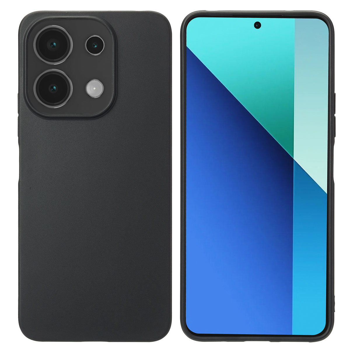 Deux vues d'une coque de téléphone noire avec une bosse pour l'appareil photo et un écran affichant un fond bleu.