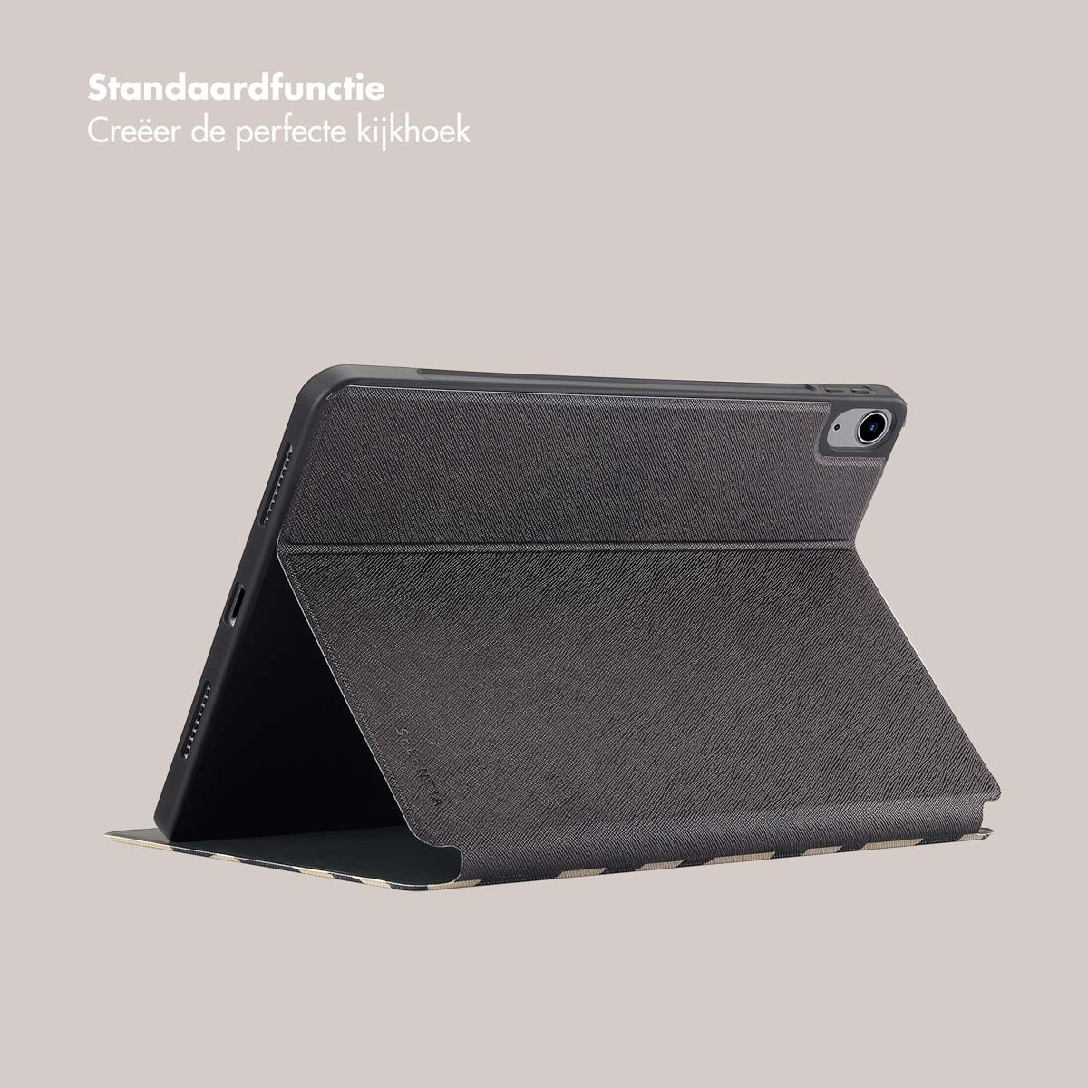 Foldable tablet case, dark textured material, with a folded and open view on a light background.