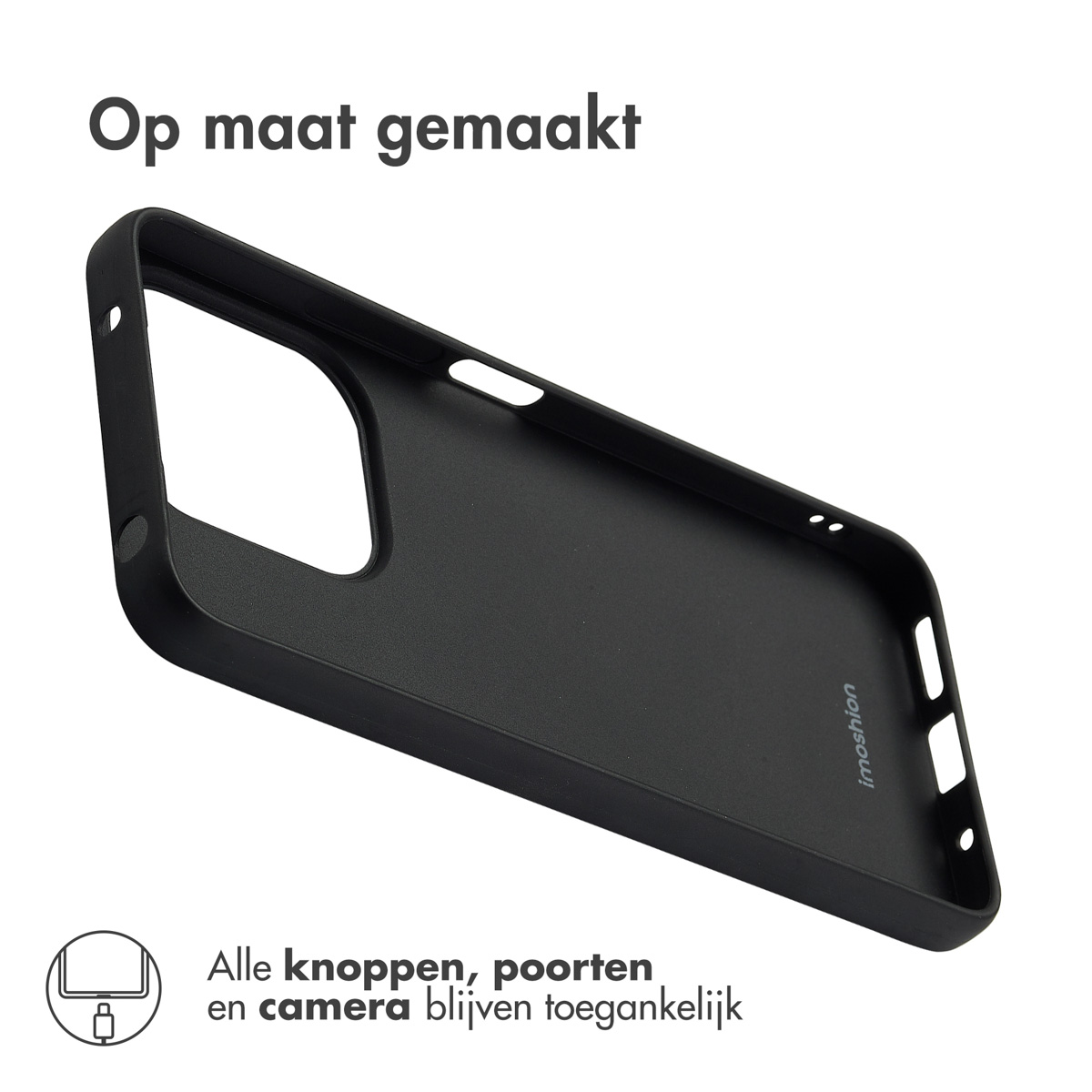 Une coque de téléphone noire avec une découpe pour la caméra et le texte 'imoshion'.