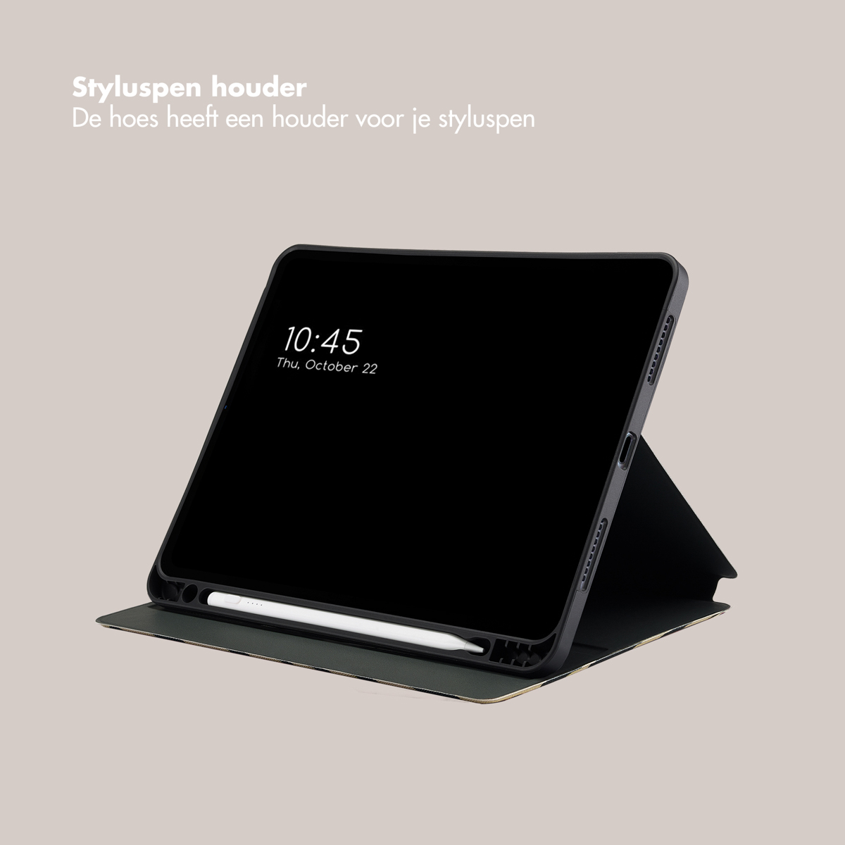 Black tablet in a case, with a stylus holder. Screen displays time: 10:45, October 22.