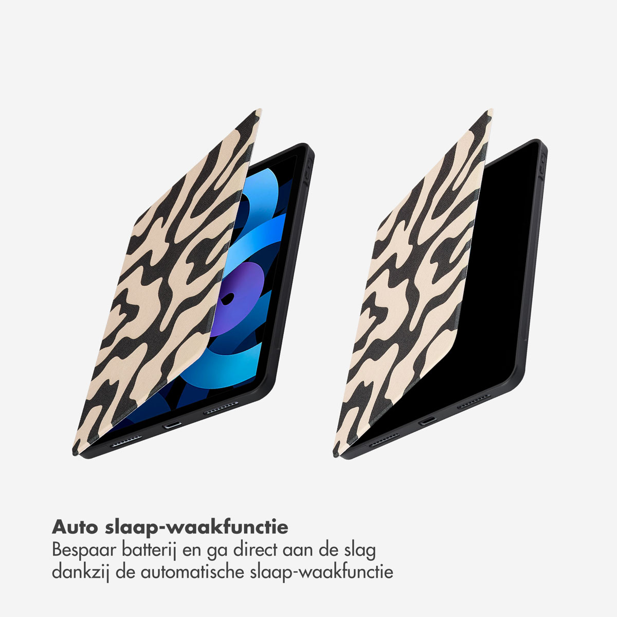 An iPad with a zebra-patterned cover. Two covers are shown.