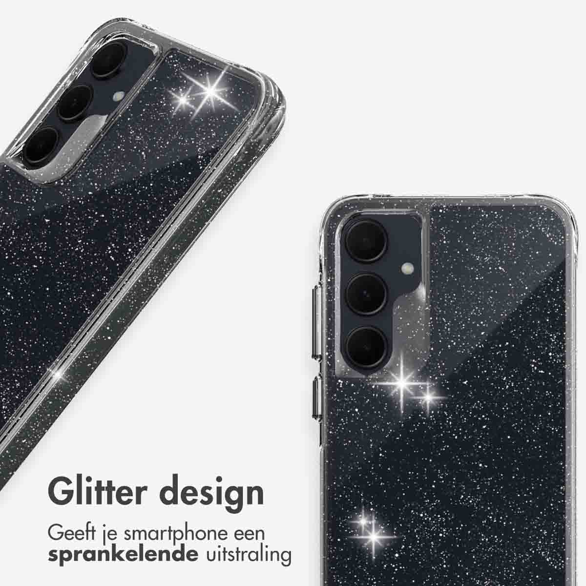 Close-up van twee telefoonhoesjes, één schuin, beide met glitter, tekst 'Glitter design'.