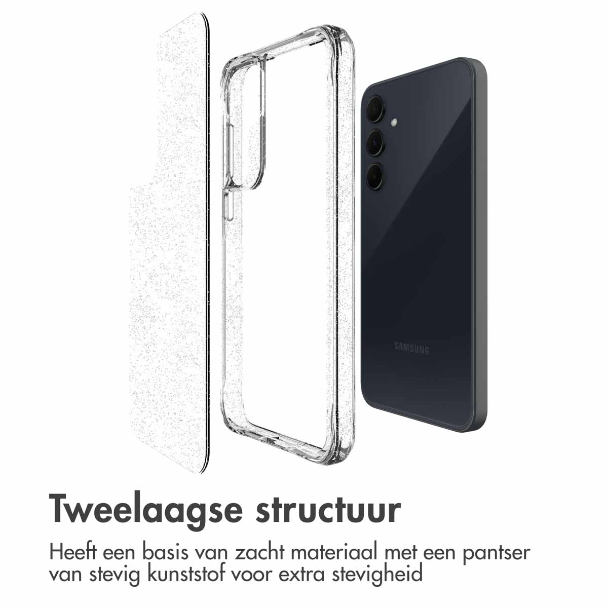 Een telefoon en een hoesje. De hoes is transparant en toont een telefoon. Tekst op de afbeelding in het Nederlands.