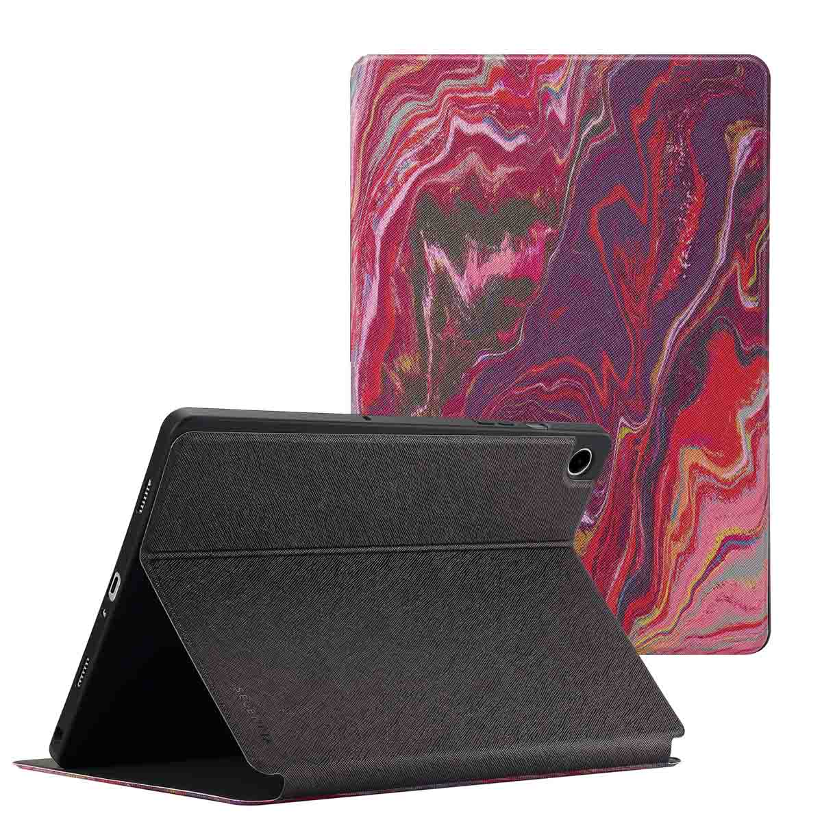 Tablethoes met een abstract ontwerp. Zwarte hoes open, de andere gesloten met een rood en paars patroon.