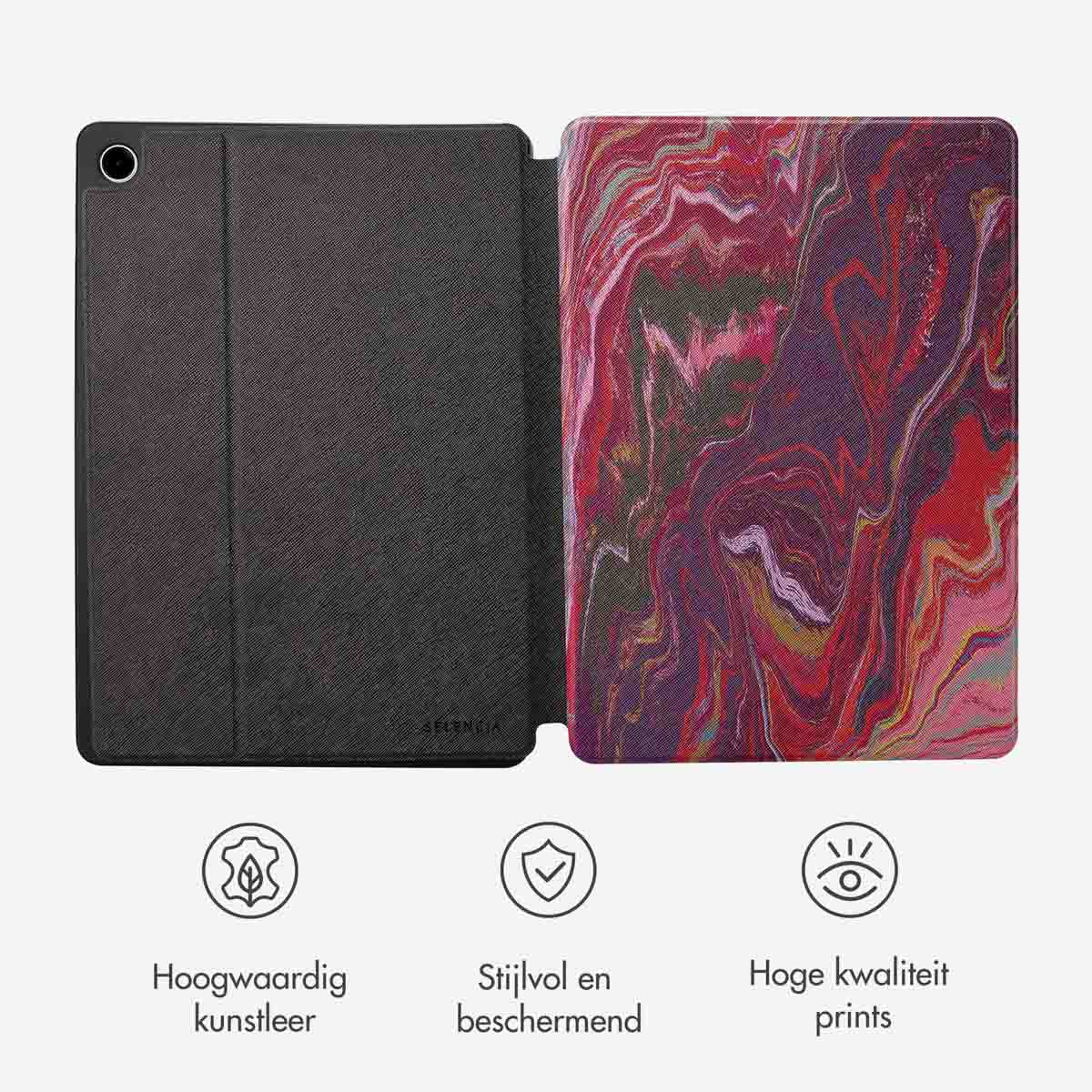 Tablethoes met een donkergrijze voorkant en een levendig roze en rood marmerpatroon aan de binnenkant. Drie pictogrammen beneden.