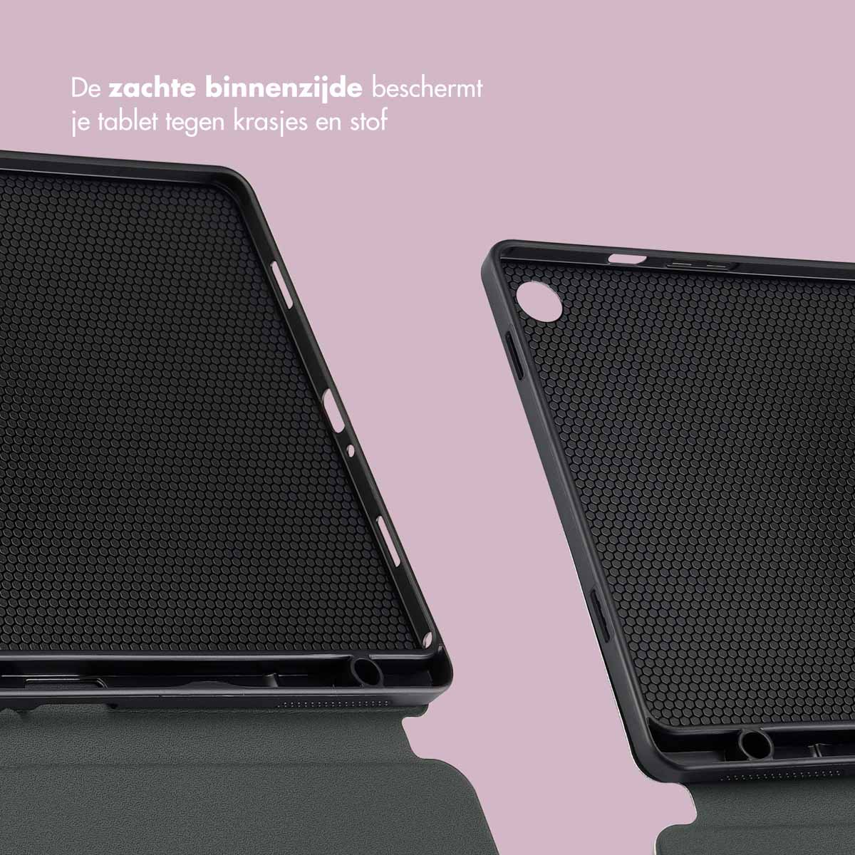 Tablethoeshelften, één open. Zwart interieur met honingraatpatroon.