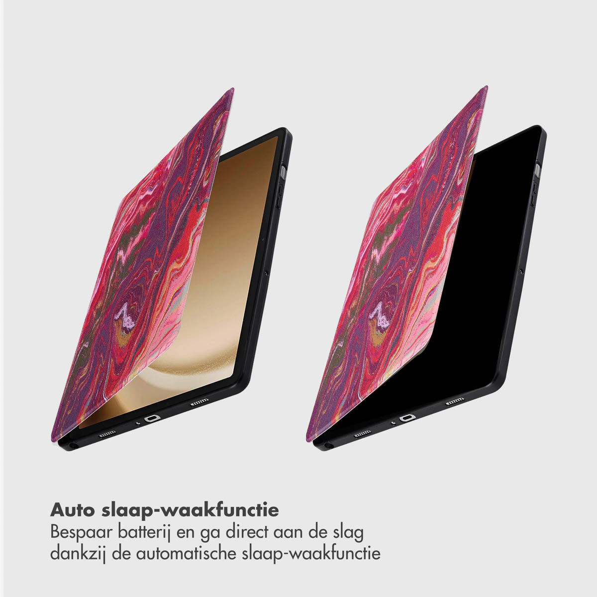 Tablethoes, open en dicht. Rood en paars abstract patroon. Lichte achtergrond.