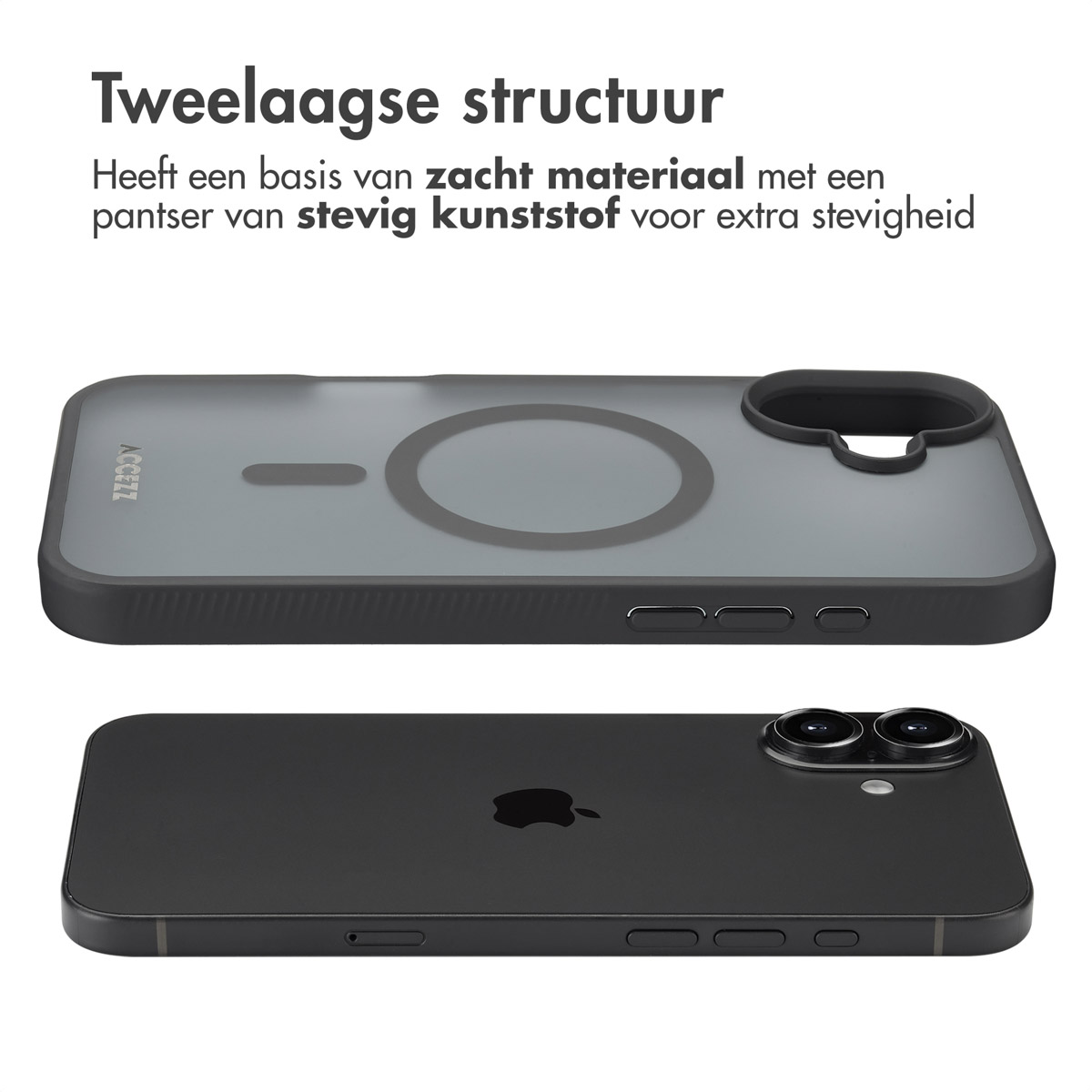 Twee mobiele telefoons, de een boven de ander. De bovenste telefoon heeft een hoesje met een magnetische cirkel.