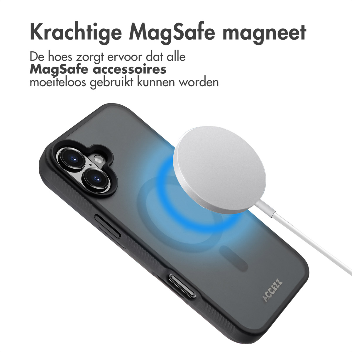 Een telefoon met een hoesje en een witte, cirkelvormige MagSafe-oplader, met een blauwe gloed eromheen.