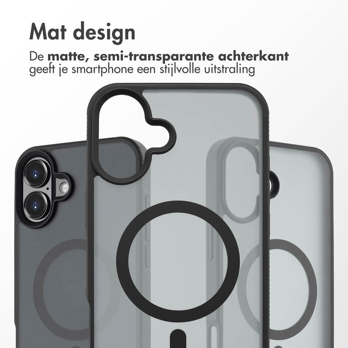 Drie telefoonhoesjes op een rij. De voorste hoes is zwart en heeft een cirkel met een zwarte rand. De achtergrond is wit.