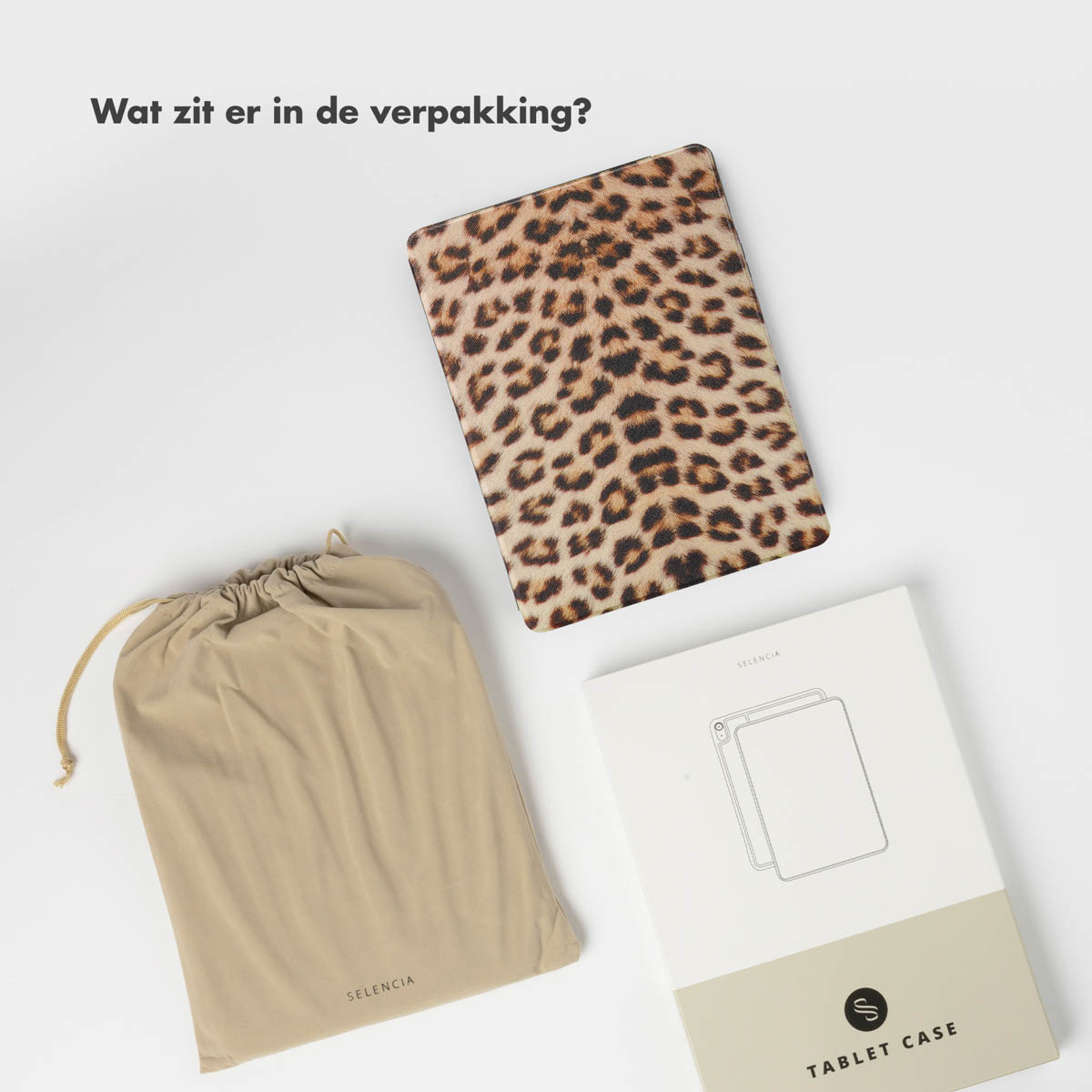 A tablet case with a leopard print, a pouch, and a box with a drawing of a tablet.