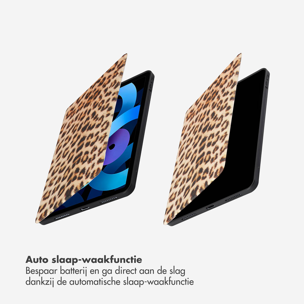 Tablet case, open and closed. Leopard print pattern. The background is a light color.