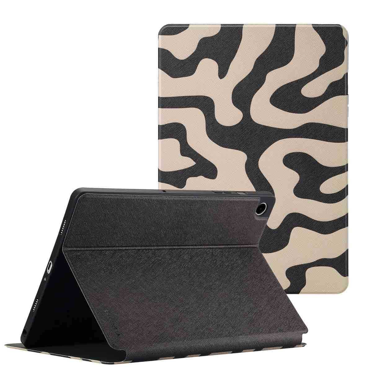 Étui pour tablette, noir avec motif beige abstrait. Un debout, un couché.