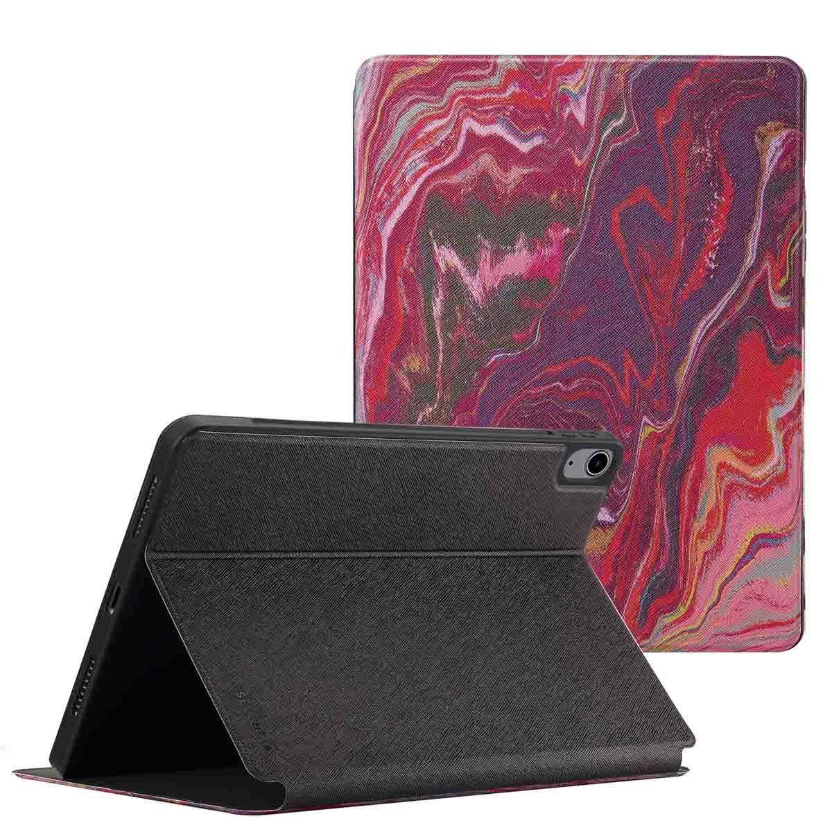 A tablet case with a marbled design, with the tablet in the case and the case open.