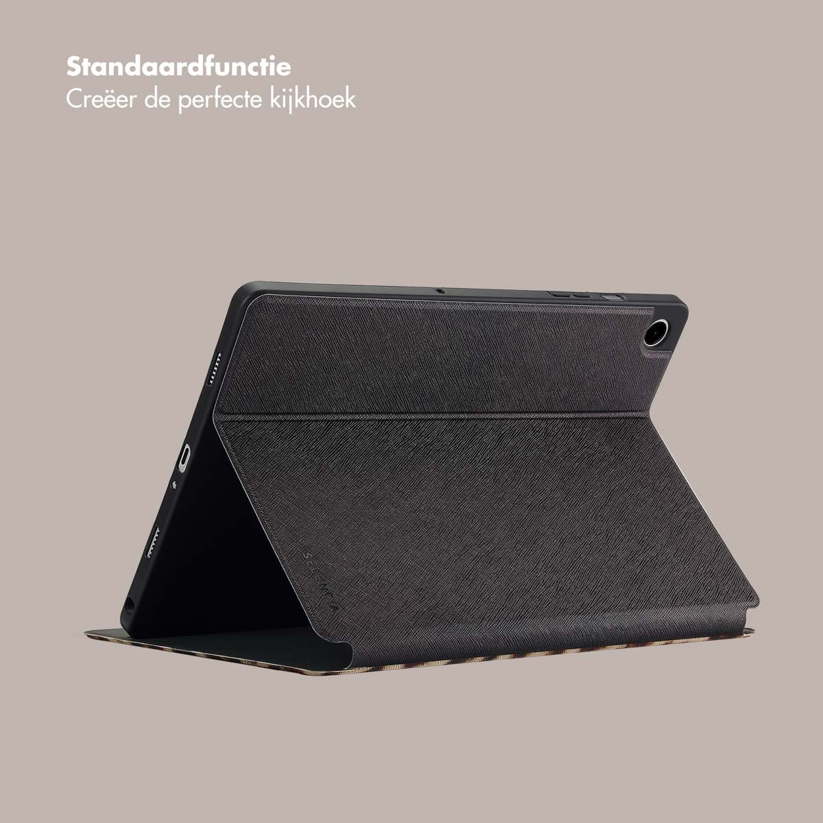 Étui de tablette ouvert, montrant une tablette, sur fond beige.