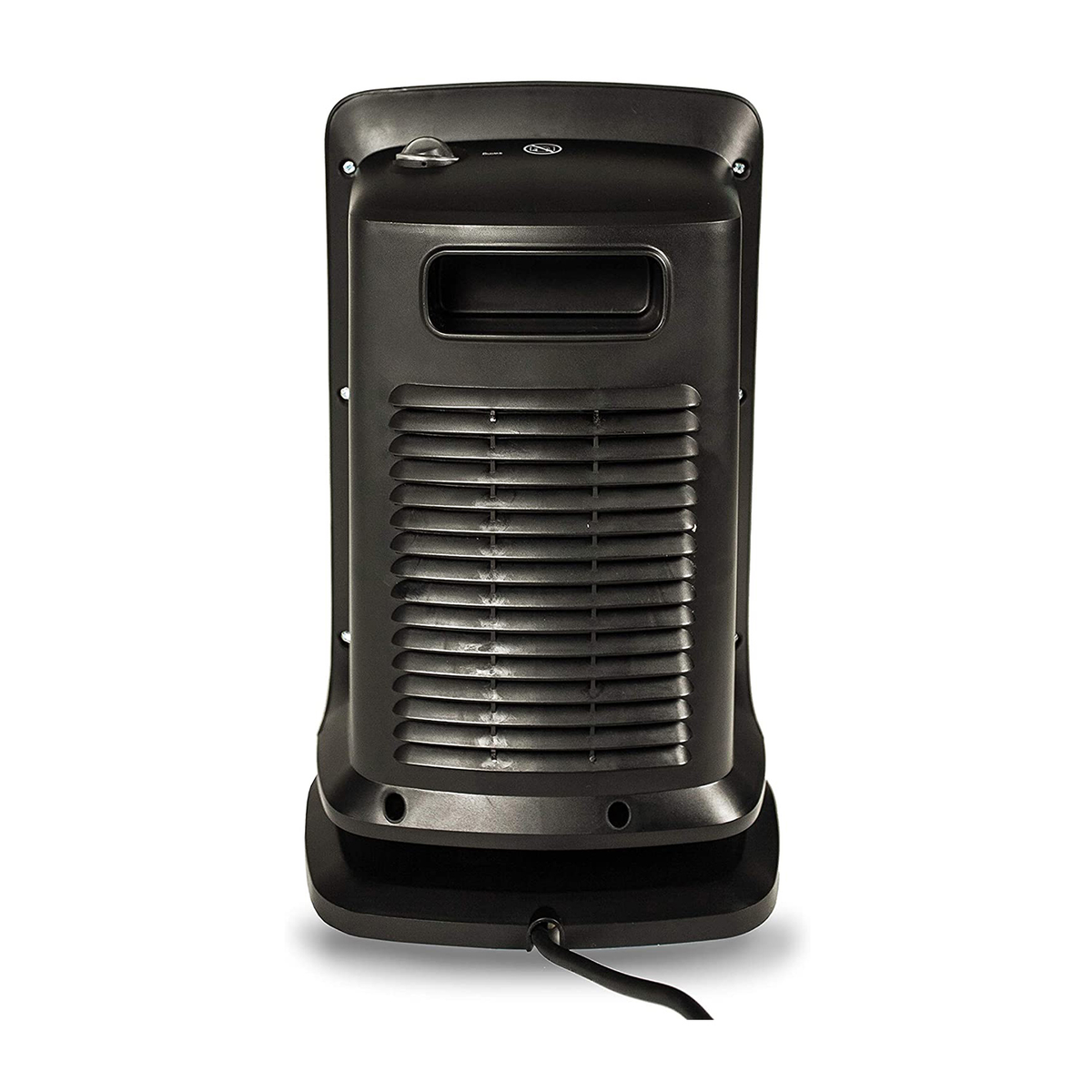 Retro di un termoventilatore nero con prese d'aria e maniglia.